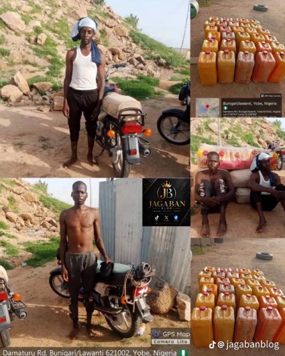DejiAdesogan's tweet photo. Troops of the Nigerian Army have arrested two suspected Boko Haram logistics suppliers, Lawali Alhaji Yunusa and Musa Ibrahim Baguwa, during a checkpoint operation in Yobe State.

Recovered from the suspects were 750 litres of PMS, two motorcycles, a mobile phone and ₦49,650. They are currently in military custody as investigations into their alleged links to the terrorist group’s supply network continue.
