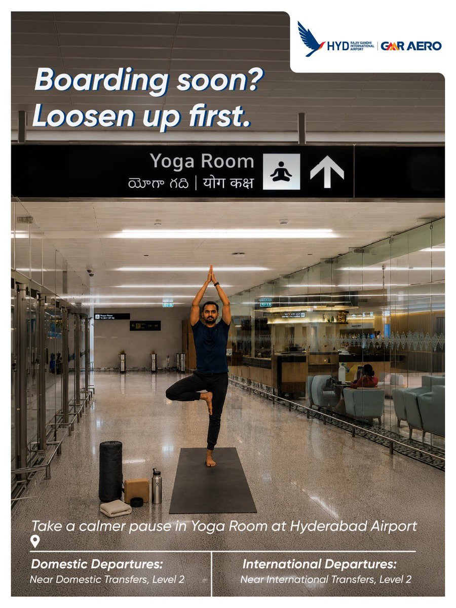 RGIAHyd's tweet photo. Early check-ins. Long waits. Back-to-back travel days.
Travel can leave the body feeling stiff before the journey even begins.
At Hyderabad Airport’s Yoga Room, passengers can step in for a few quiet minutes, stretch, breathe, and reset before boarding.
#ExperienceIt #HyderabadAirport #YogaRoom #AirportWellness #PassengerExperience