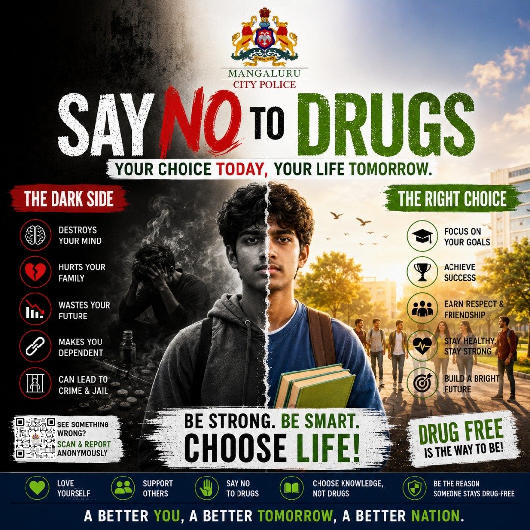 compolmlr's tweet photo. *Your future is worth more than drugs.*

Say **NO** to drugs. Say **YES** to dreams, education, and a brighter tomorrow. 💚

#SayNoToDrugs #ChooseLife #DrugFreeMangaluru #MangaluruCityPolice https://t.co/gMrsVnYA8l