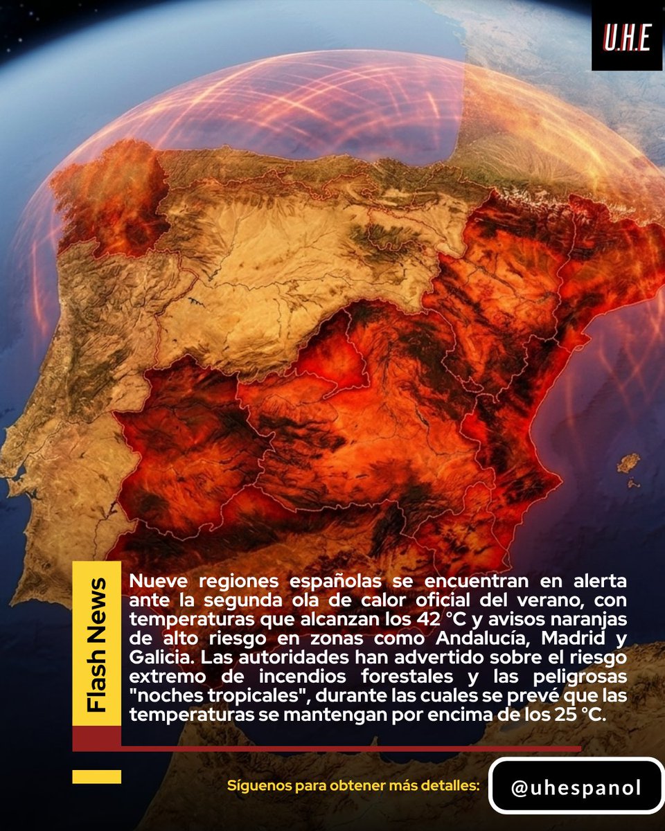 UHEspanol's tweet photo. 🚨 España a 42°C: 9 regiones en alerta por una intensa ola de calor y un gran domo térmico. Alerta naranja en Andalucía, Madrid, Extremadura, Castilla-La Mancha, Cataluña y Galicia. ¡Bebe agua y protégete del sol! ☀️🇪🇸
#OlaDeCalor #AEMET #España https://t.co/heFlZ1Fk5A