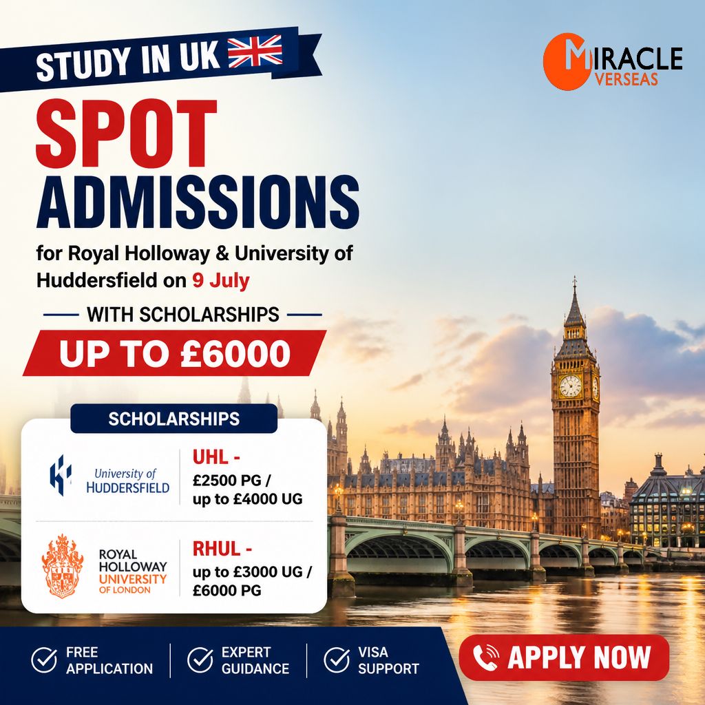 miracleoverseas's tweet photo. 🇬🇧 Study in UK | Spot Admissions – 9 July

Secure your admission to Royal Holloway &amp; the University of Huddersfield with scholarships up to £6,000! 🎓

𝐂𝐚𝐥𝐥 𝐮𝐬: +𝟗𝟏 𝟕𝟔𝟐𝟐𝟎𝟎𝟎𝟗𝟰𝟎/𝟒𝟏
𝐖𝐞𝐛𝐬𝐢𝐭𝐞: 🌐 https://t.co/ppo6Krg2Ql https://t.co/nzxljRwqXN