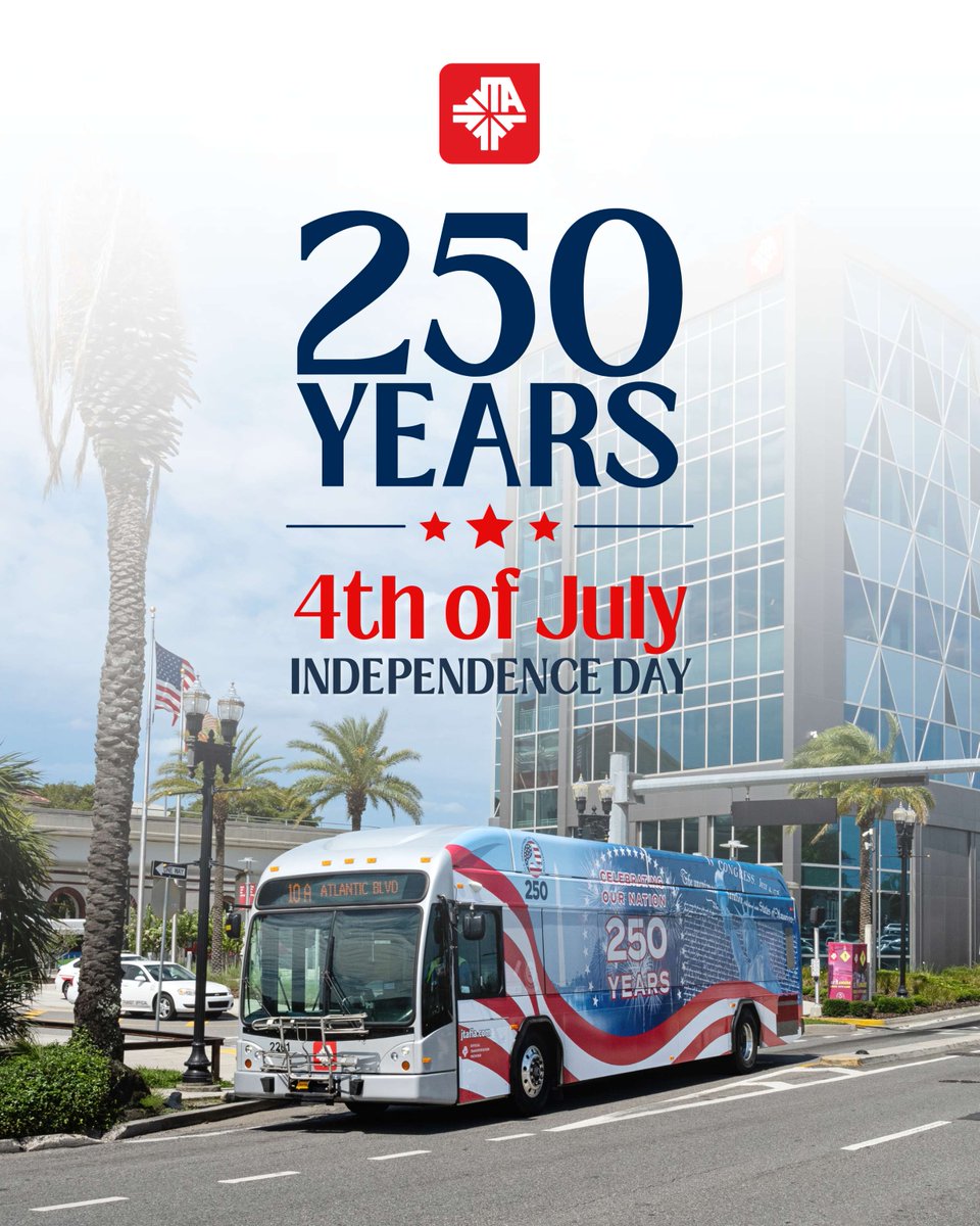 JTAFLA's tweet photo. Happy Independence Day! 🇺🇸 🎇 
 
Today, we proudly celebrate America's 250th anniversary, honoring our nation's history while looking ahead to the future. 
 
If you're traveling with us today, please note that Fixed Route service is operating on a Sunday schedule, ReadiRide is not in service, and our Customer Service team is available from 8 a.m. to 2 p.m. All other JTA services, including the St. Johns River Ferry, are operating on their regular schedules. 
 
Whether you're heading to a celebration, spending time with family and friends, or enjoying all that Jacksonville has to offer, the JTA wishes you a safe and happy Fourth of July! ❤️🤍💙