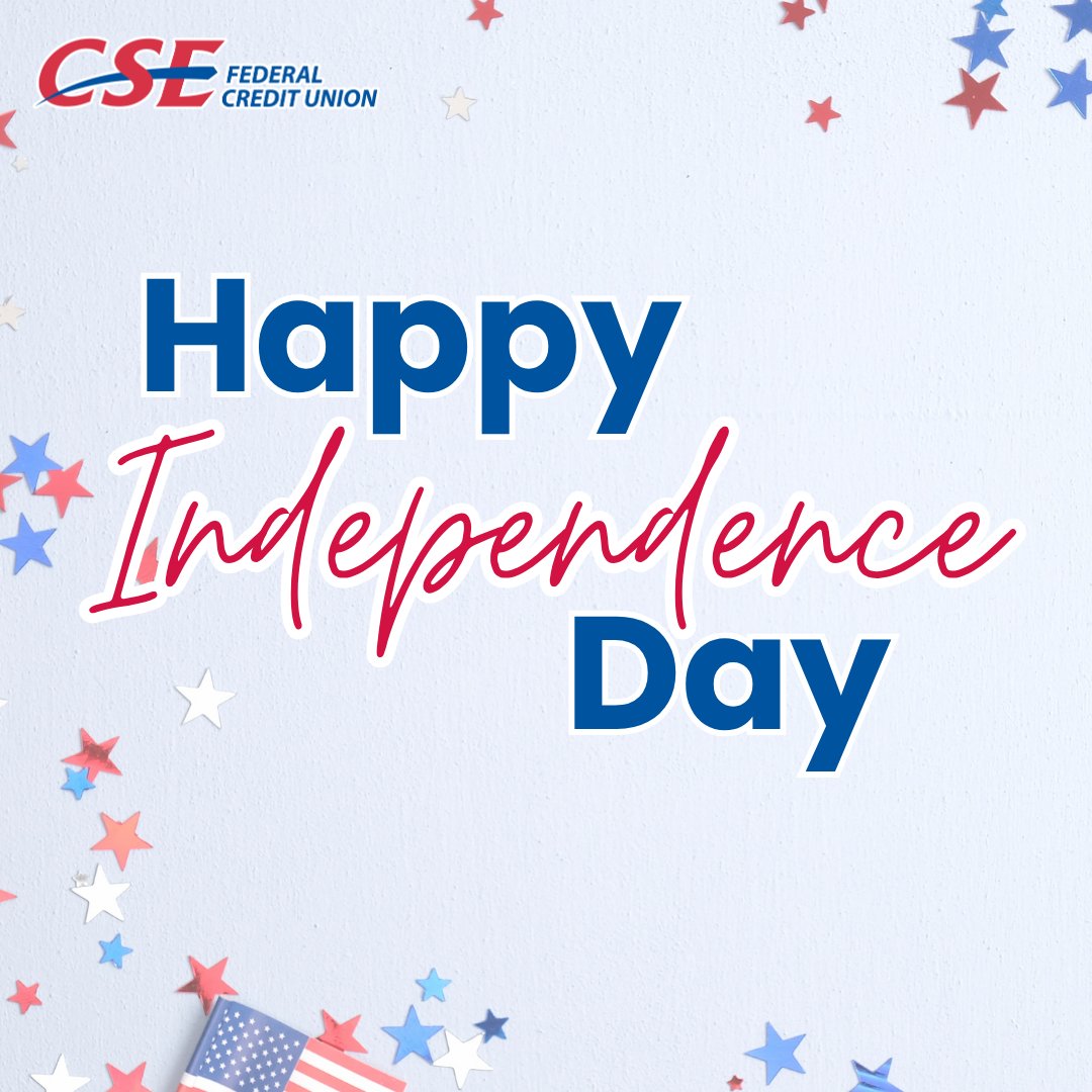 CSEFCU's tweet photo. Happy 4th of July! 🎆 Our branches are closed today as we celebrate Independence Day with family and friends.

We'll reopen Monday with regular business hours. Until then, access your accounts anytime through Digital Banking: https://t.co/x9HZqhcGR6 https://t.co/OGxNQCgDpy