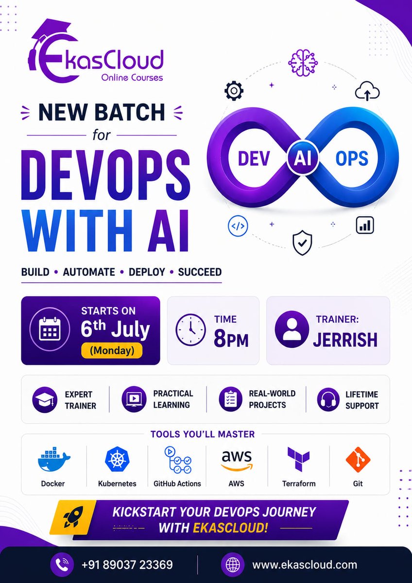 ekascloud's tweet photo. DevOps with AI Training | Master Automation, Cloud & AI-Powered Operations ๐๐ค
#DevOps #DevOpsWithAI #ArtificialIntelligence #AIOps #CloudComputing #AWS #Docker #Kubernetes #GitHubActions #Terraform #Git #Automation #CloudEngineering #DevOpsEngineer #TechTraining https://t.co/2IaXRYBVVL