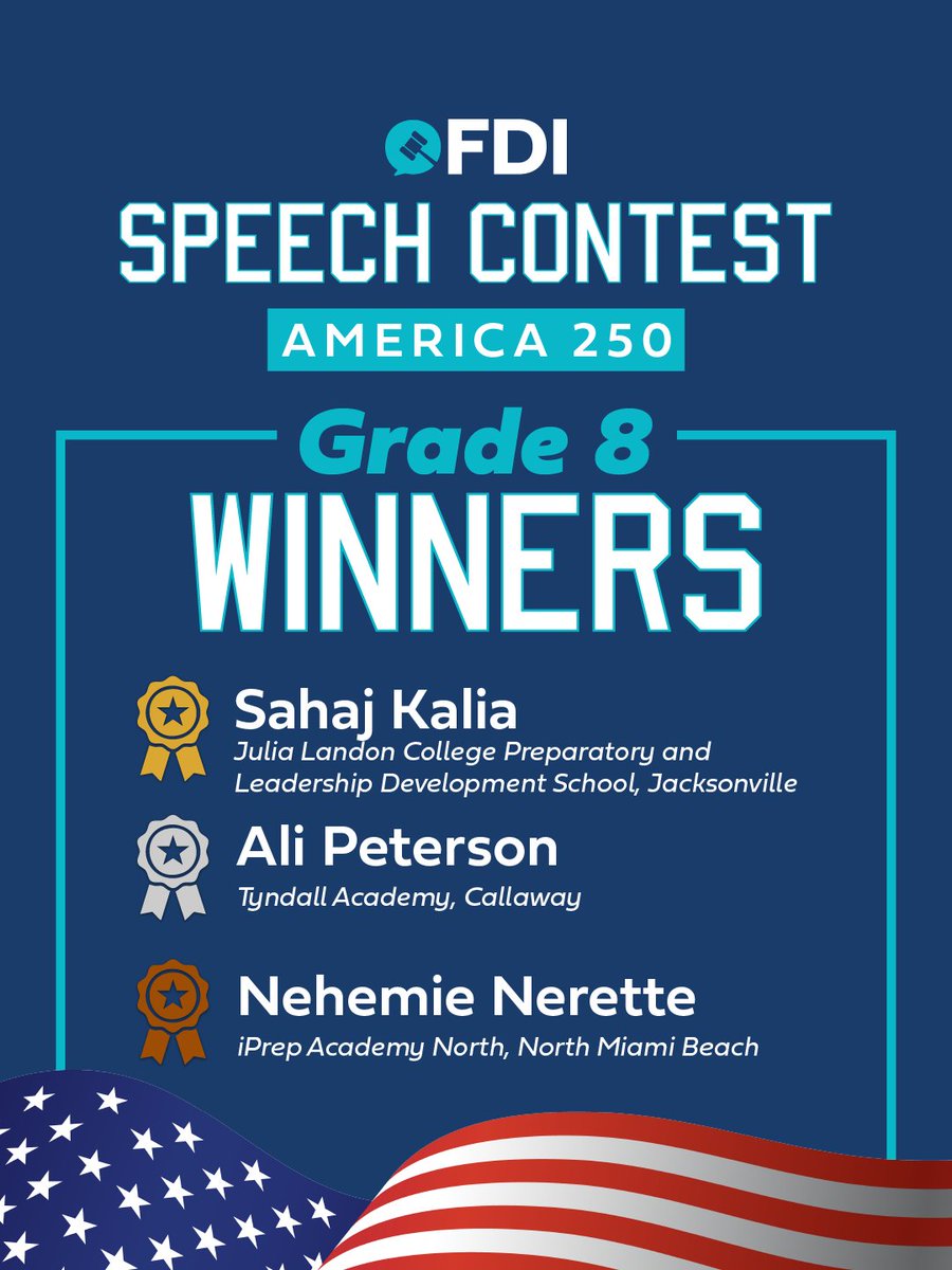 FloridaDebate's tweet photo. The speeches have been read, white and blue and the votes are in! 🇺🇸 

This year, as our great nation proudly celebrates 250 years of American freedom, we held a speech contest in honor of the U.S.A. and the enduring ideals that make her shine. The talent, passion, and patriotism on display were nothing short of inspiring.

Congratulations to our America 250 Speech Contest First Place Winners:

⭐️ Grades 3–5 Division: Nina Dunn, Valley Ridge Academy
⭐️ Grades 6–7 Division: Shreehari Gopinath, Sanford Middle School
⭐️ Grade 8 Division: Sahaj Kalia, Julia Landon College Preparatory and Leadership Development School

These young voices represent the very best of America's future. They give us every reason to believe our next 250 years will be just as great. Read the full press release at https://t.co/gBzM4yp1Hq