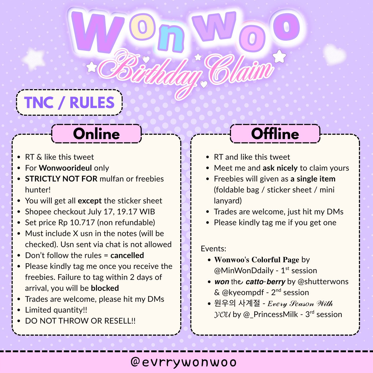 evrrywonwoo's tweet photo. ──.☘︎ ݁˖ Wonwoo Birthday Freebies by @evrrywonwoo 

Link for online (July 17, 19.17 WIB)
https://t.co/XZbvg9xF2X

Online and offline rules are different so please kindly check &amp; carefully read the tnc/rules in the thread below!

Selective trades are welcome, just hit me on DM https://t.co/6woQna3Xgw