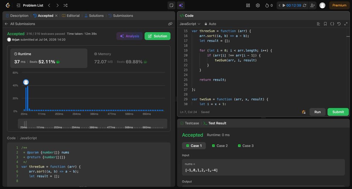 ArjunReactpanda's tweet photo. π Day 7/365 β DSA
Solved today:
β
LC 15 β 3Sum
β
LC 28 β Find the Index of the First Occurrence in a String
π‘ Biggest learnings:
β’ Sorting + Two Pointers
β’ Brute Force String Matching
#365DaysOfCode #LeetCode #DSA #NamasteDev #JavaScript #CodingJourney https://t.co/EFlzoONEuB