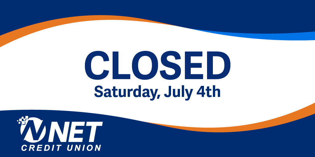 NETCreditUnion's tweet photo. We are closed today, Saturday, July 4th, in observance of a Federal Holiday. 

As always, our Digital Services are available 24/7:
 💻Digital Banking
 📲Mobile App
 📱Phone Banking
 🏧ATM

Regular business hours will resume Monday, July 6th. https://t.co/XEvS0ok8DX