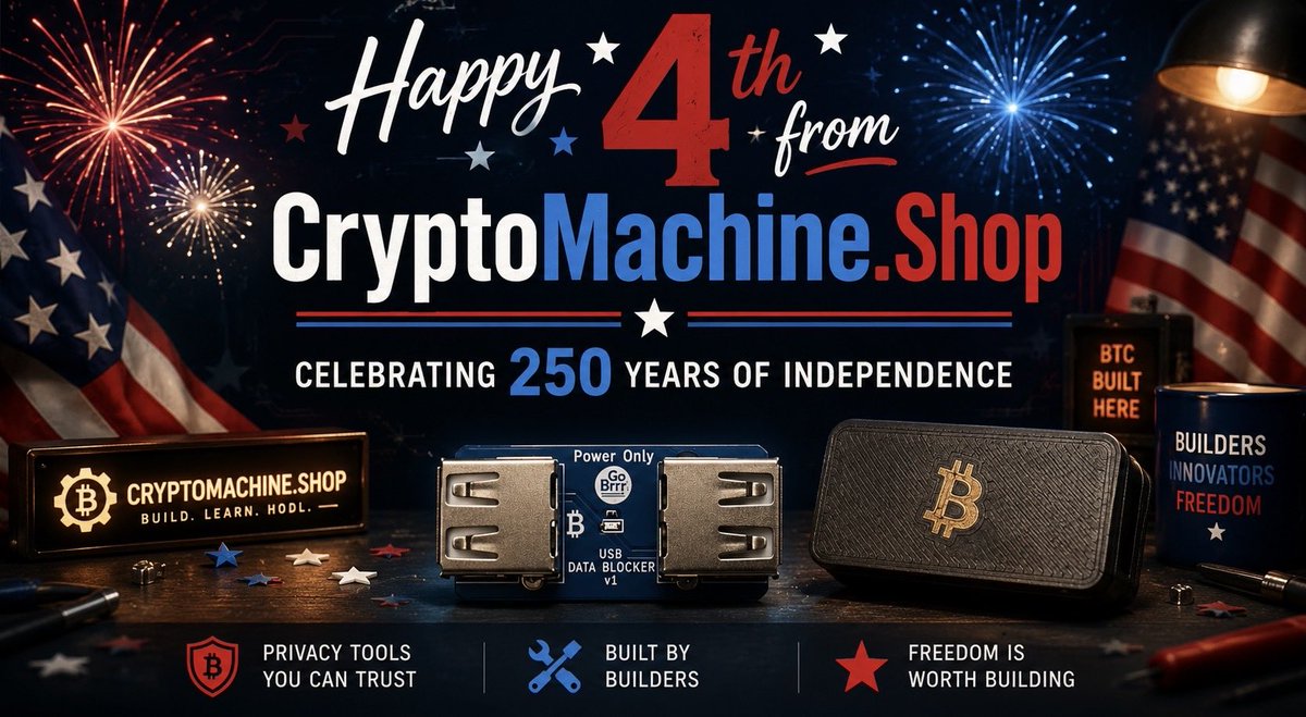 Ttokkyo2's tweet photo. Happy 4th from CryptoMachine ๐บ๐ธ
Grateful for the builders, miners, tinkerers, and Bitcoin weirdos keeping the bench lights on.
Stay safe, enjoy the day, and maybe donโt plug your miner gear into anything too sketchy.
#Bitcoin #BitcoinMining #CryptoMachine https://t.co/NyG8b0wmpi