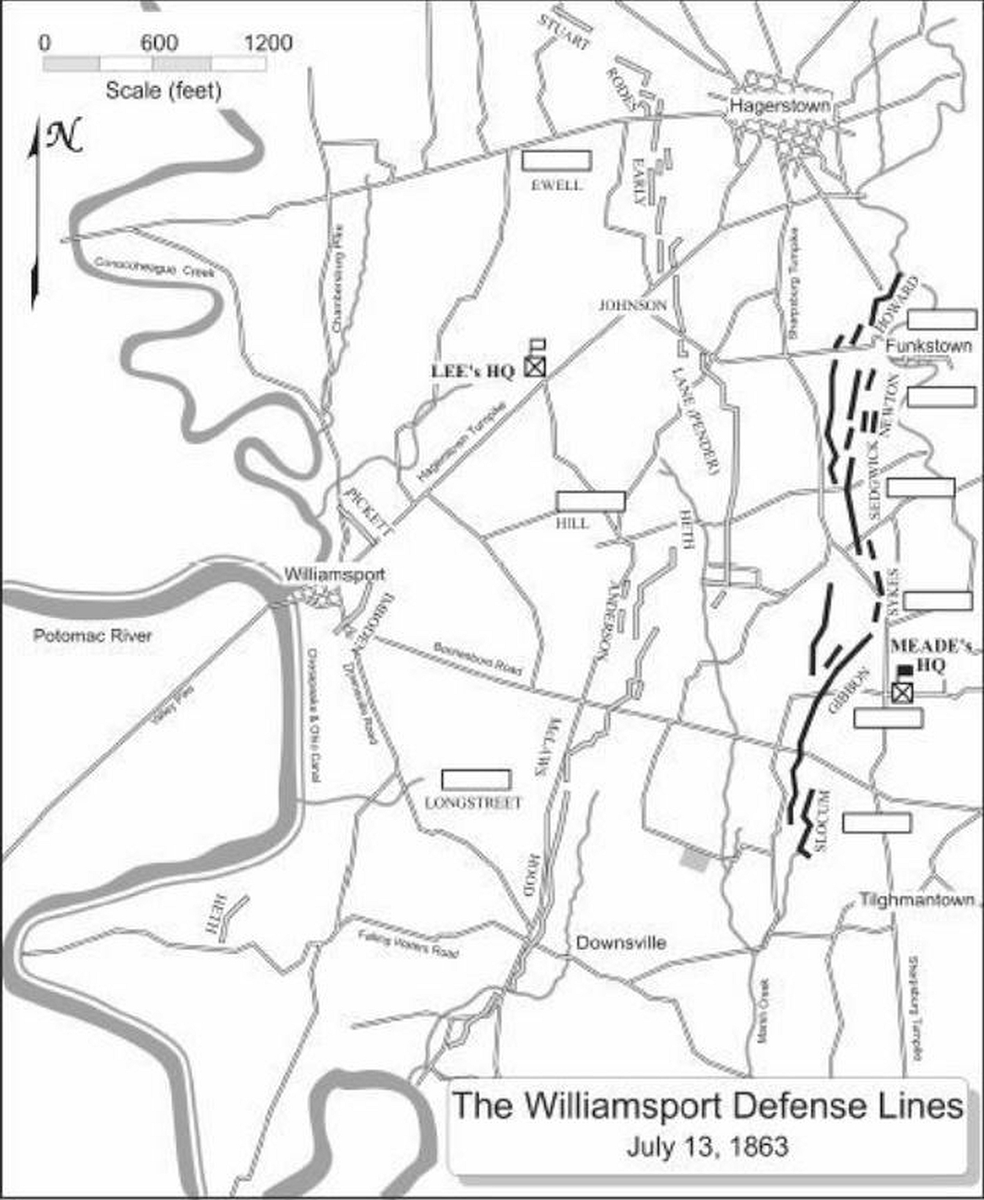2ndMississippi's tweet photo. The Crossing: Lee's Escape at Williamsport

July 4–14, 1863

[Author's Note: The Battle of Gettysburg ended on July 3, 1863. The Gettysburg Campaign did not. Most accounts close with Pickett's Charge and skip ahead to the fall, as if the armies simply dispersed — but for eleven more days the outcome of the campaign, and arguably the war, hung unresolved along the roads and river crossings of Maryland. Lee still had to bring a bloodied army, a seventeen-mile train of wounded, and every gun and wagon he owned back across a Potomac in full flood, with the Army of the Potomac closing behind him. That story — the retreat, the stand at Williamsport, and the final fight at Falling Waters — is where this series goes next. Today's post covers the escape itself. The Wagoner's Fight at Williamsport (July 6) and the rear-guard action at Falling Waters (July 14), where the 2nd Mississippi Infantry appears in both, will each get their own posts ahead.]

It began to rain on the afternoon of July 4, and it did not stop. The men of the Army of Northern Virginia stood in it along Seminary Ridge, waiting behind their stacked rails for the counterattack that never came, while a thousand miles to the southwest — though no man on that ridge yet knew it — John Pemberton was surrendering Vicksburg and thirty thousand men to Ulysses Grant. Independence Day, 1863. The Confederacy had been struck twice in a single turning of the earth, and the second blow had not finished landing. Lee had to get his army — what was left of it, some fifty thousand men with their wounded and their trains and their guns — back across the Potomac before George Meade could pin it against the river and finish what three days at Gettysburg had begun.

Lee had already set the machinery in motion. In the small hours of the 4th he rode alone to the headquarters of John Imboden, the cavalry brigadier whose command had arrived too late for the battle and was therefore fresh enough for what came next. Imboden would remember the commanding general sitting his horse in the moonlight, so worn that for a time he did not speak at all. When he did, it was to give Imboden the hardest assignment of the campaign: take the wounded — those who could survive the moving — and get them to the Potomac ahead of everything else.

The train Imboden assembled stretched seventeen miles. More than eight thousand wounded men rode in it, packed into springless wagons on bare boards, most without straw, many without food, jolting southwest through the mountain passes over roads the rain was churning into troughs of mud. Imboden's orders forbade halting for any cause, and so the train ground forward through the night of July 4 while the men inside it screamed at every lurch. Imboden rode the length of that column in the darkness and never forgot what he heard coming out of the wagons — men begging to be lifted out and left beside the road to die, men calling on God to end it. He had commanded troops in battle. He wrote afterward that nothing he ever saw on a field of fire compared to that night on the Greencastle road.

The rain that tortured the wounded also saved them. The same downpour that turned the Confederate line of retreat into a swamp turned every road behind it into the same swamp, and Meade's pursuit — burdened with its own thousands of wounded, its own empty cartridge boxes and worn-out shoes — slogged forward at the pace the mud allowed and no faster.

Then, at the river, the trap closed. When the head of the column reached Williamsport on July 5, the news was waiting: a Federal cavalry raid had cut the pontoon bridge downstream at Falling Waters, and the rains had swollen the Potomac far past fording and it was still rising. Behind Lee's army came Meade with eighty thousand men. In front of it ran a river no army could cross. The Army of Northern Virginia, which two weeks earlier had marched into Pennsylvania as the most feared fighting force on the continent, was about to be penned against the water with its back to the flood.

Imboden did not wait for the water to decide anything. He seized the town and turned it, in his own words, into one great hospital, quartering the wounded on the citizens of Williamsport whether the citizens liked it or not — and then he found the ferry. Two flatboats, thirty wounded men to a load, fifteen minutes to the far bank and fifteen minutes back, working around the clock while the walking wounded were started on foot down the road toward Winchester. It was a trickle against a flood, but the trickle never stopped, and over the next two days and nights it carried the broken men of Gettysburg across to Virginia by the boatload — so that the wounded, who had suffered the worst of the retreat, were among the first out of the trap, safely over the river a full week before the army that had to stand and hold the bank behind them.

What happened at Williamsport on July 6 — when Federal cavalry came down on the wagon park and the crossing itself, and the defense of the army's trains fell to teamsters handed muskets, to clerks and cooks and quartermasters, and to walking wounded who climbed down from the wagons and into line of battle — is a story that deserves its own telling, and it will get one. It is enough to say here that the wagons, the guns, and the crossing were all still in Confederate hands when Lee's infantry arrived.

The main army came up on the 6th and 7th by way of Hagerstown, and what it did next tells you how far the war had traveled since 1861. There was no talk of gallant stands in the open. The men went into the ground. In less than a week, soldiers who had marched and fought for a month built six miles of entrenchments in a great arc from Downsville to the river, covering both Williamsport and the bridge site at Falling Waters — earthen parapets six feet through, rifle pits, communication trenches, obstructions, and gun platforms laid out so that more than two hundred pieces of artillery could sweep every yard of open ground in front. An observer who walked the line said the works looked as if they were meant to stand a month's siege. Stranger still, the men behind them were not beaten men. Their letters home that week spoke of confidence, not despair — they had held their ground on the last day at Gettysburg until ordered off it, they had brought the army away intact, they had Lee, and now they had six feet of Maryland earth in front of them. Bloodied, yes. Broken, no.

Across the way, George Meade could see all of it, and he knew exactly what he was looking at. He had been in command of the Army of the Potomac for seventeen days. In that span he had fought and won the largest battle ever waged in the Western Hemisphere, and it had cost him nearly a quarter of his army. Now Washington wanted the rest of the job done — Halleck's telegrams arriving daily, the President behind Halleck, the newspapers behind the President, all of them demanding that Lee be destroyed on the north bank of the Potomac and the war ended before the summer was out. On July 12 Meade closed up to the Confederate works, studied them, and called his corps commanders together. He put the question to a vote: attack, or not. The vote came back seven to two against.

The men who cast those votes were not timid men. They were men who remembered Fredericksburg — who had watched, seven months earlier, fourteen brigades break apart in front of a stone wall and a fortified ridge, twelve thousand casualties bought for nothing. Now they looked across at the Downsville line and saw Marye's Heights built longer, deeper, and better: high ground, heavy parapets, massed guns, open fields of fire, and Robert E. Lee waiting behind it, wanting nothing in this world so much as for them to come on. The arithmetic every one of them carried said an attacker needed three men for every defender at the point of assault, and the ground said even that might not serve. Military science said do not attack. Politics said attack now. Meade, a professional to his boot soles, listened to the science and spent July 13 probing and reconnoitering instead.

He was one day too late. The river had begun to fall, and Lee's engineers had not been idle. Lacking pontoons, they had made them — tearing down warehouses along the canal for lumber, building crude scows, caulking them with whatever came to hand, floating the sections down to Falling Waters and laying a new bridge across the dropping flood. On the night of July 13, in darkness and yet more rain, the Army of Northern Virginia began to move. Longstreet's and Hill's corps filed onto the swaying bridge at Falling Waters by the light of torches and crossed all night above the brown water. Upstream at Williamsport, Ewell's men went into the ford in the dark, the water armpit-deep and still pushing hard, cartridge boxes slung on bayonets over their heads, the shorter men clinging to the taller. All night the army poured south — men, guns, wagons, the whole apparatus of war passing over a hostile river within cannon shot of an enemy twice its size.

When Meade's skirmishers went forward at dawn on July 14, they walked into six miles of empty works. The rear guard was still on the north bank at Falling Waters, and there was a fight there that morning — a sharp, costly, and largely forgotten one that will also get its own telling. When it ended, the Federal cavalry held upward of five hundred prisoners, and the official reports would call them stragglers; but most were nothing of the kind. They were fighting men of Heth's rear guard — Davis's brigade and Pettigrew's own North Carolinians among them — taken in ranks, along with the killed and the wounded of the last fight north of the river. And among those wounded was Johnston Pettigrew himself, shot down within sight of the bridge; he would die three days later at Bunker Hill, thirty-five years old — he had marked the birthday on the Fourth of July, the day the retreat began — struck by the closing hour of a campaign he had unknowingly opened on the road to Gettysburg two weeks before. The army itself was gone.

In Washington, Lincoln received the news like a man struck. He said afterward that Lee's escape left him as nearly inconsolable as he could be and live; he believed the war might have ended on that riverbank, and he may have been right. The professionals saw it otherwise. They had looked at those works with their own eyes, and they understood that the most likely fruit of an assault was another Fredericksburg — ten or fifteen thousand men down in the mud, the victory of Gettysburg thrown away in an afternoon, and Lee across the river anyway. Meade had chosen to keep his army, and armies, not riverbanks, would decide the war.

That morning Federal soldiers walked the abandoned Confederate line in the rain, past the gun platforms and the six-foot parapets and the rifle pits that beaten men had carved out of Maryland in five days, and understood what they had been spared. Behind them the Potomac ran brown and quiet, carrying the rain down toward the Chesapeake. On the far bank the Army of Northern Virginia was marching south into Virginia — bloodied, unbroken, going home. The war it carried with it had twenty-one months yet to run.