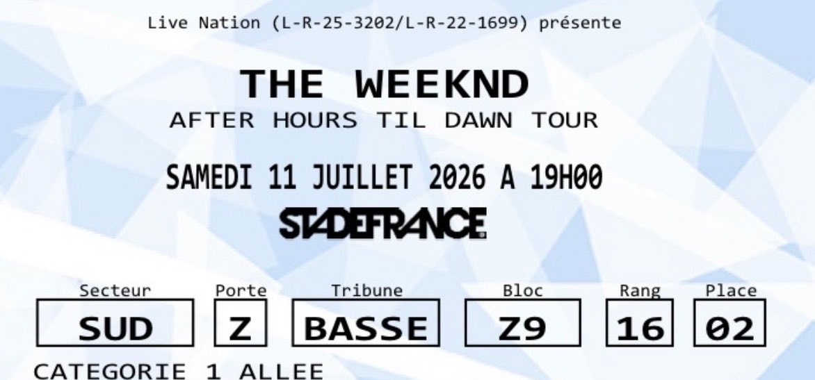 Fatima_brs's tweet photo. Je vends 2 places côte à côte pour le concert de The Weeknd, le samedi 11 juillet au Stade de France. N’hésitez pas à me contacter en DM si vous êtes intéressés. 😇

🎟️ Catégorie 1 https://t.co/ROwL9pppId