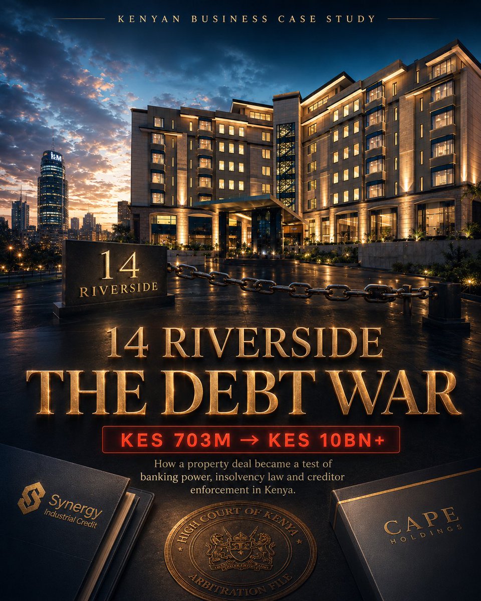thedivyanshah's tweet photo. A KES 703M property deal at 14 Riverside became a KES 10B+ debt war.

At the centre:

Synergy Industrial Credit.
Cape Holdings.
I&M Bank.
The Sanghrajka interests.
A disputed debenture.
And a legal test that could reshape creditor enforcement in Kenya.

Thread. 🧵👇🏾