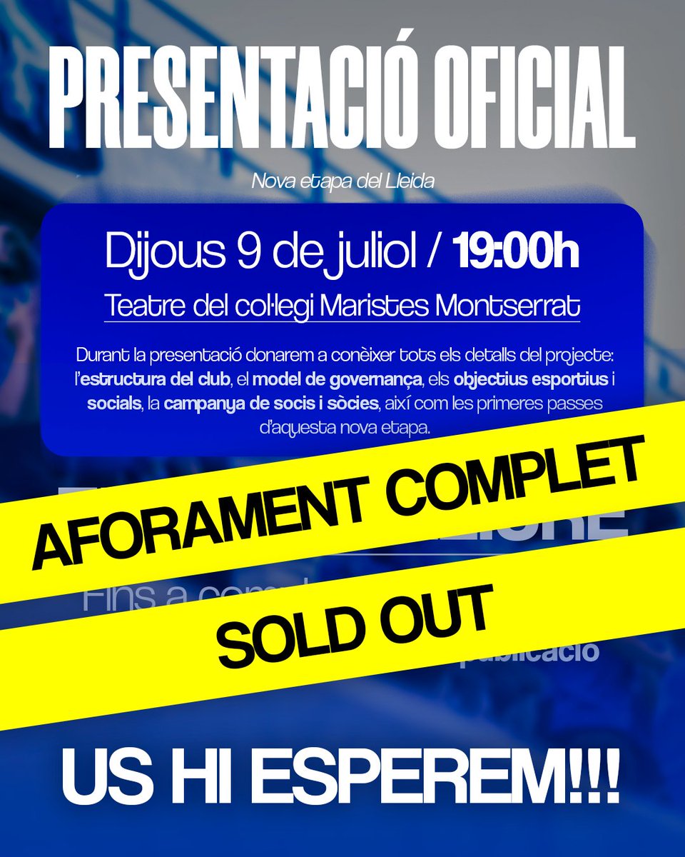 LleidaCF's tweet photo. 🎟️ SOLD OUT.

No tenim paraules. En poques hores heu exhaurit totes les places disponibles per a la presentació de la nova etapa del Lleida CF.

El que estem demostrant aquests dies és immens. Il·lusió, compromís i unes ganes enormes de seguir caminant junts.

💙 Gràcies, de tot cor.

Per a tots aquells que us heu quedat sense poder accedir, estem treballant perquè ningú es perdi un dia tan especial.

Ens veiem dijous.

Visca el Lleida, sempre! 💙✊🏻