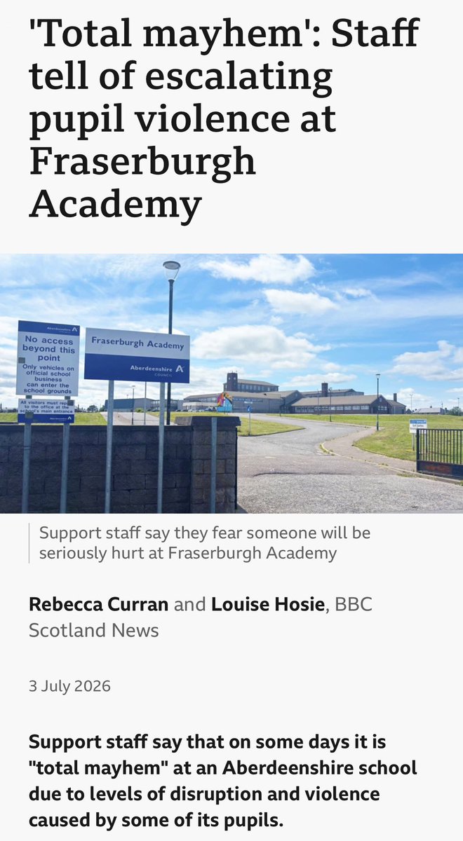 tombennett71's tweet photo. Another workplace where people can’t work, another school where learning can’t happen, because of rampant defiance, abuse and violence. Heartbreaking to read, and almost impossible to endure. My sympathies with the staff and students who have to cope. 
Unless we get serious about responding to these levels of disruption- including sanctions, suspensions and exclusions, then no amount of ‘positive behaviour training’ will be enough. The Scottish government has to wake up to the behaviour crisis that is harrowing the opportunities of generations of children. Until it is acknowledged, and the current behaviour model for schools is rebuilt, nothing will change.