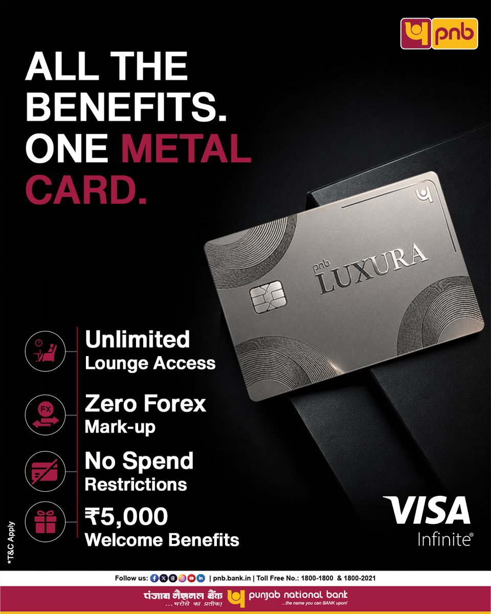 pnbindia's tweet photo. Crafted in metal. Designed for those who expect more. Experience the PNB Luxura Premium Metal Card.
Apply now: https://t.co/8hsSW8ZOGc
#PNB #Banking #PNBLuxura #MetalCreditCard #CreditCardOffers https://t.co/tBgnz97GFN