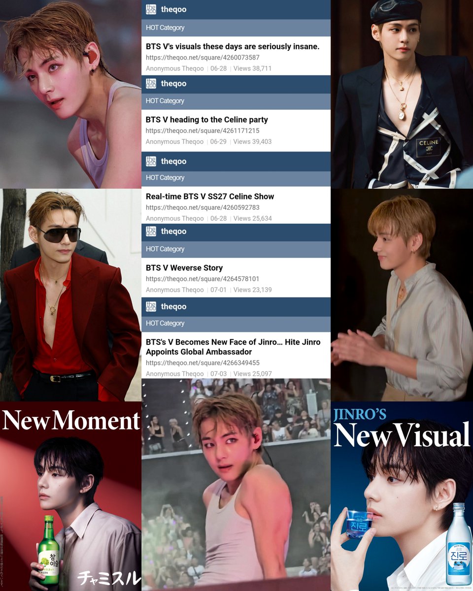 streamfortae's tweet photo. Multiple posts about Taehyung are trending in the HOT category on TheQoo for the past week!

From his concert looks and Paris Fashion Week attendance to his Weverse updates and appointment as JINRO's global ambassador, V is the talk of the town.

#TAEHYUNGxCELINE
#TAEHYUNGxJINRO https://t.co/2o4Z1auqKd