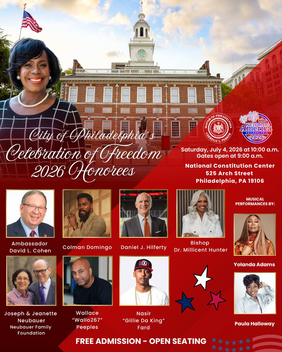July4thPhilly's tweet photo. Kick off Independence Day at the Celebration of Freedom Ceremony at the National Constitution Center at 10 AM! 🇺🇸 @PhiladelphiaGov

This event is free and open to the public. Guests are encouraged to arrive by 9:30 a.m. Seating is on a first-come, first-served basis. https://t.co/0wt93OkeXA