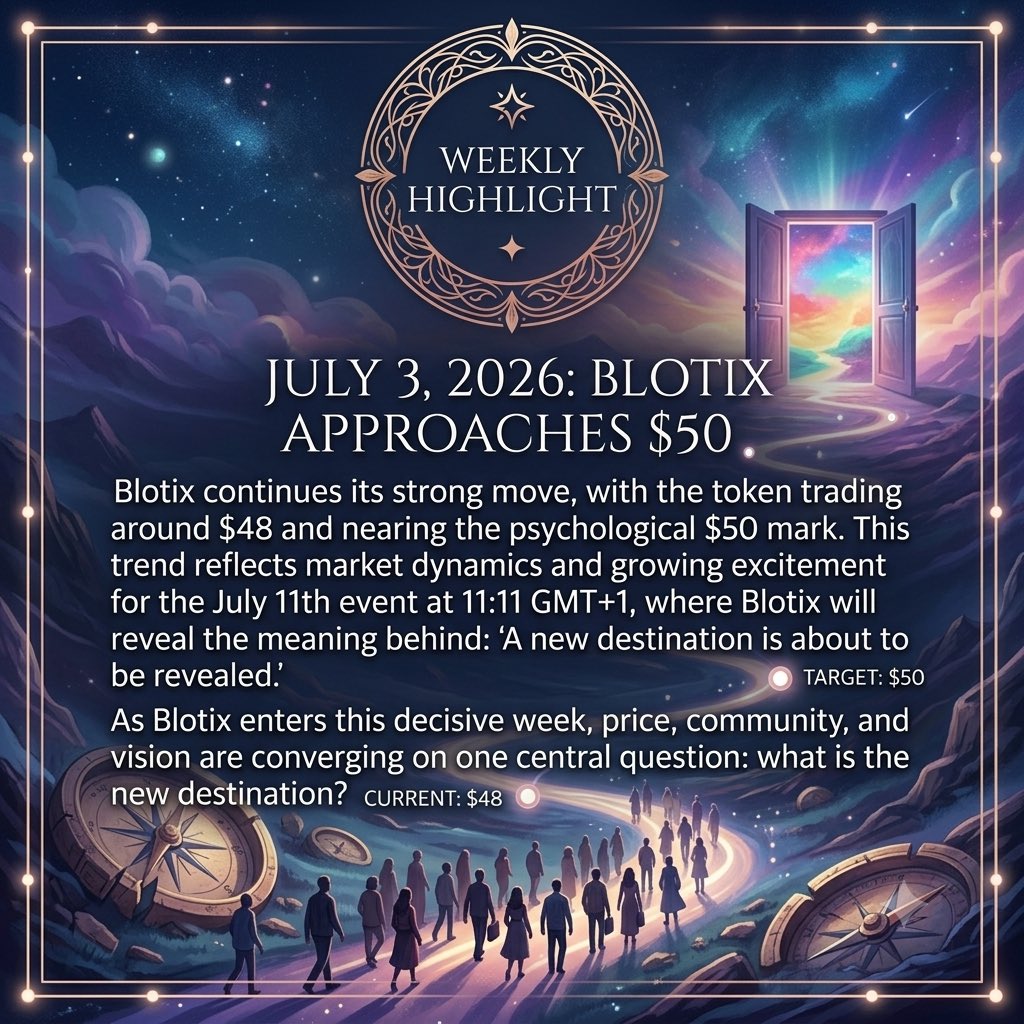 blotixfund's tweet photo. Blotix maintains a robust market trajectory, with the token trading near $48 and approaching the psychological $50 milestone. This trend underscores evolving market dynamics and rising anticipation for the July 11th event scheduled for 11:11 GMT+1. On this date, Blotix will unveil the significance of its announcement: "A new destination is about to be revealed!" 🎯

• TARGET: $50 📈

As Blotix enters this pivotal week, price action, community engagement, and strategic vision converge around a central inquiry: What is the new destination? 🌍
