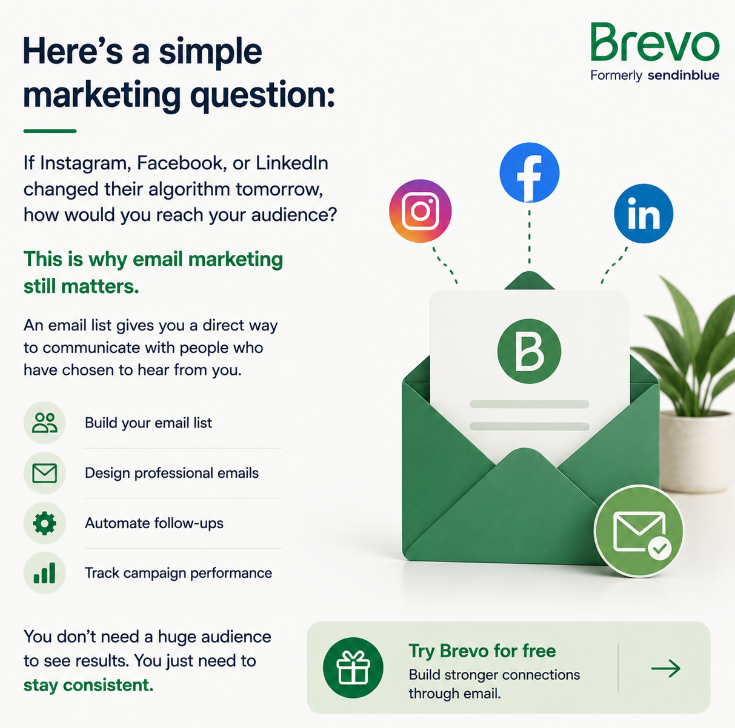 Ultsaasguide's tweet photo. Here's a simple marketing question:

If Instagram, Facebook, or LinkedIn changed their algorithm tomorrow, how would you reach your audience?

You don't need a huge audience to see results.

You just need to stay consistent.

👉 Try Brevo for free: https://t.co/lyHardr63P https://t.co/C2fqexSt6V