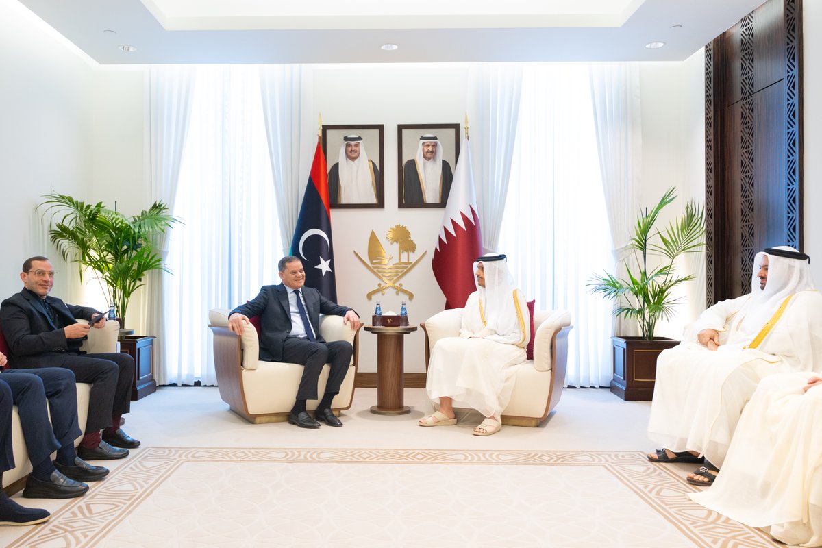 MofaQatar_EN's tweet photo. Prime Minister and Minister of Foreign Affairs @MBA_AlThani_ Meets Prime Minister of Libyan Government of National Unity

Doha | July 04, 2026

HE Prime Minister and Minister of Foreign Affairs Sheikh Mohammed bin Abdulrahman bin Jassim Al-Thani met on Saturday with HE Prime Minister of the Government of National Unity of the State of Libya Abdul Hamid Mohammed Dbeibeh, who is visiting Qatar.

The meeting reviewed cooperation relations between the two countries and ways to support and develop them as well as discussed the latest regional developments.

During the meeting, HE the Prime Minister and Minister of Foreign Affairs reaffirmed the State of Qatar's firm position in support of Libya's unity and the realization of the Libyan people's aspirations for stability and development, in addition to Qatar's full support for the Libyan political process, relevant Security Council resolutions, and all peaceful solutions that preserve Libya's sovereignty. 

#MOFAQatar