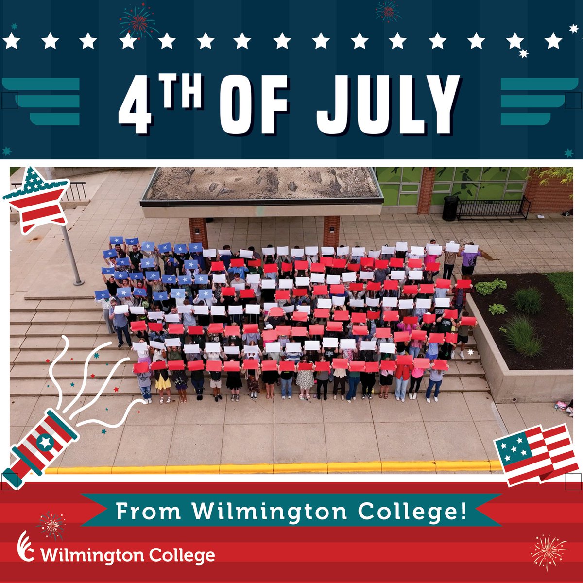 WilmingtonColl's tweet photo. Happy Fourth of July! 🇺🇸 Celebrating 250 years of independence with family, friends, and fun. Share your red, white &amp; blue photos! ❤️🤍💙 #FourthOfJuly #IndependenceDay #America250 #WilmingtonCollege #HappyBirthday https://t.co/F2mXE4D8MO