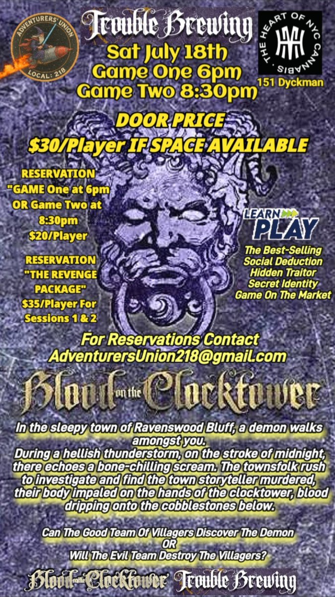 TwoGunPixie's tweet photo. Live, In-Person Blood on the Clocktower events in NYC! 
Contact AdventurersUnion218@gmail.com for tickets or more information. 
@BloodClocktower 
@happymunkey420
#BloodOnTheClocktower 
#HappyMunkey 
#HexAndCo 
#TheUncommons 
#DungeonsNotDating https://t.co/N5Pds6hsV7