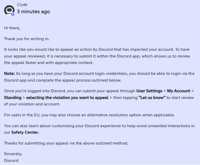 Shiru33656's tweet photo. @discord_support @discord I need human help! My account was suspended by a false positive. Your bot Clyde auto closes my tickets in 3-5 mins, telling me to appeal inside app settings. But my app is locked. Please review manually. https://t.co/Wz4Kbbn67x