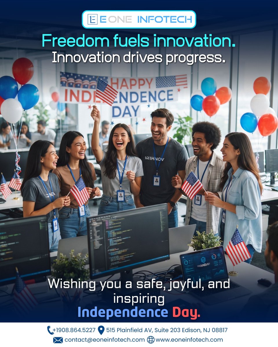 EOneInfotech's tweet photo. 🇺🇸 Happy Independence Day from eOne Infotech! Wishing our clients, partners, and communities a day filled with freedom, unity, and celebration. Here's to innovation, progress, and a brighter future together. 🎆✨

#HappyIndependenceDay #FourthOfJuly #eOneInfotech #Innovation https://t.co/DDeEkuHseX