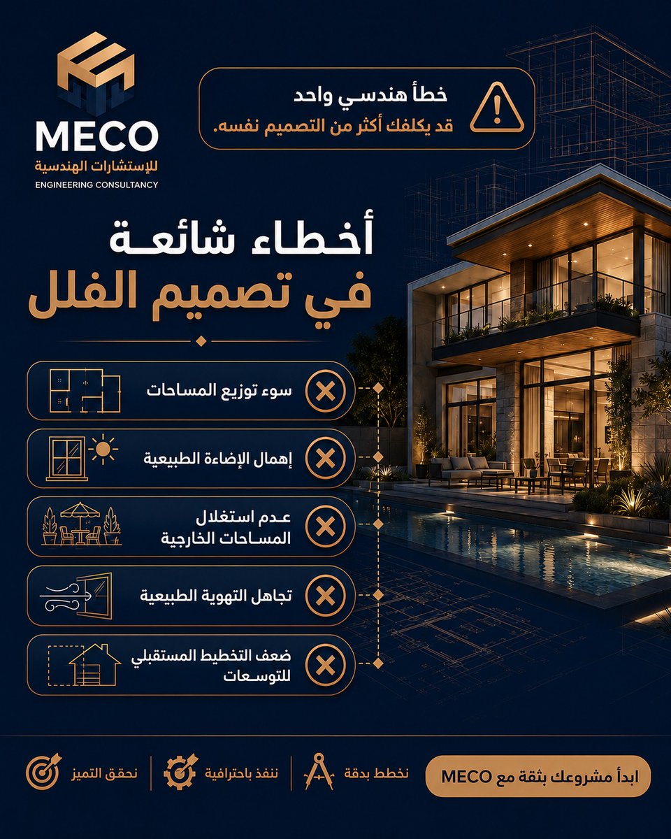 mecoksa1's tweet photo. 🚫 أخطاء شائعة في تصميم الفلل... قد تكلفك الكثير لاحقًا
من أكثر الأخطاء التي يقع فيها الكثير:
❌ سوء توزيع المساحات.
❌ إهمال الإضاءة الطبيعية.
❌ عدم استغلال المساحات الخارجية.
❌ تجاهل التهوية الطبيعية.
❌ ضعف التخطيط المستقبلي للتوسعات.

📲 +966 544664471
📲 +966 554591888 https://t.co/6PICrsKbPU