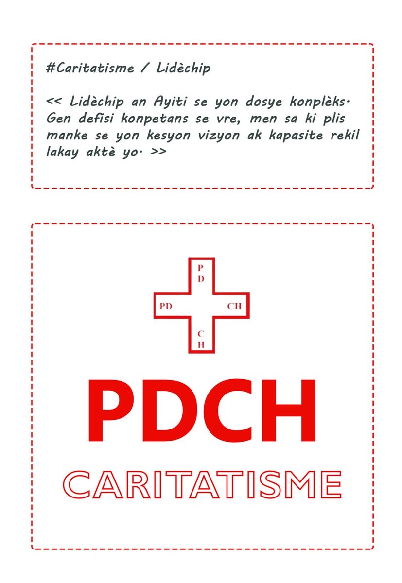 PDCH1978's tweet photo. *Caritatisme/Lidèchip*

Lidèchip an Ayiti se yon dosye konplèks. Nou gen defisi konpetans se vre, men sa ki plis manke se yon kesyon vizyon ak kapasite rekil lakay aktè yo.”
#PDCH #CARITATISME #HAITI https://t.co/3saWhIpCKv