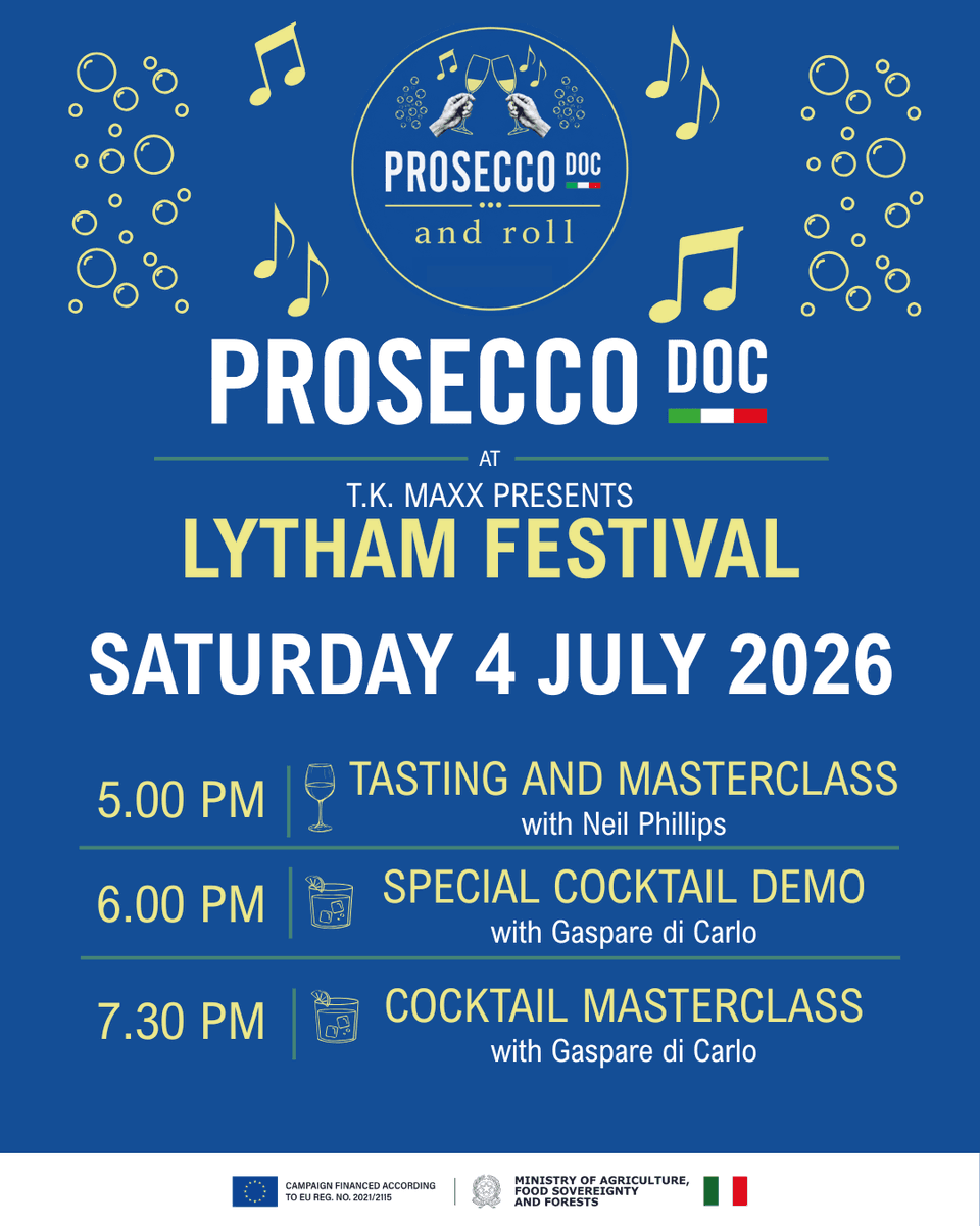 ProseccoDOC's tweet photo. At TK Maxx Presents Lytham Festival today? Join us at the Prosecco DOC and Roll Bar between the biggest acts for FREE masterclasses, tastings, cocktails and plenty of bubbles.

🥂 5pm
🍸 6pm
🍸 7.30pm

🎟️ Free with advance registration
🔞 18+ only https://t.co/ZrXQneR3Gk