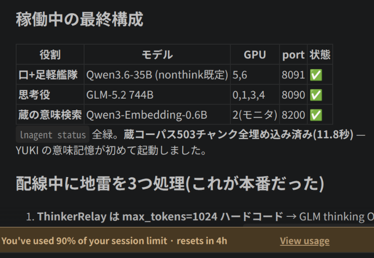 Tono_Ken3's tweet photo. Fableすごいぃぃ

①Nvidia-Qwen3.6-35b−NVFP4を加速
②27b-Thinkingより35B-NonThinkingのほうが賢くて速いことを証明
③GLM-5.2-UD-Q4_K_SをCPU/GPU混成推論で11TPS達成し7GPU→4GPUに効率化
④空いたGPUで①とQwenのエンベディングモデルを同時稼働
⑤自作ローカルAIエージェントハーネス推論強化 https://t.co/gJu9BOO0HX