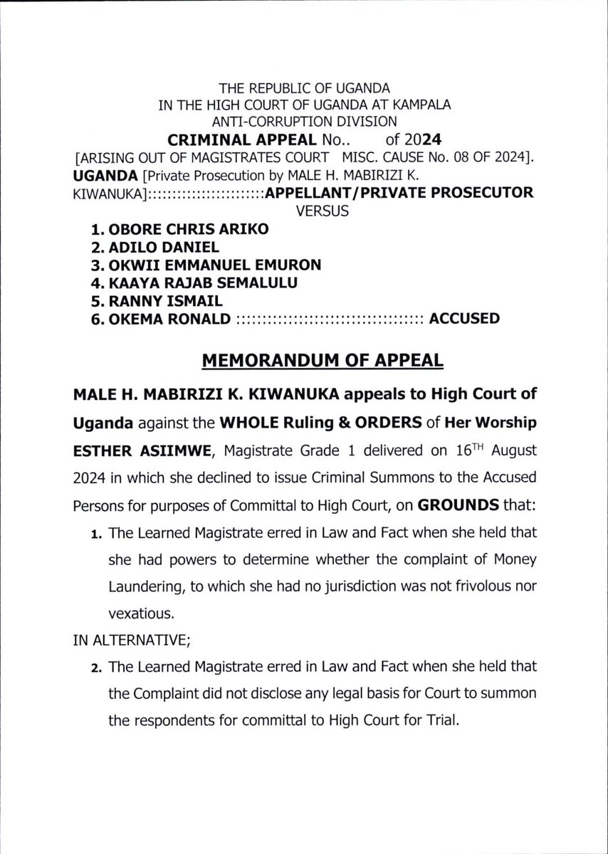 MaleMabiriziHKK's tweet photo. Notice &amp; MEMORANDUM of appeal; Uganda [PRIVATE PROSECUTION BY MALE H MABIRIZI K Kiwanuka @MaleMabiriziHKK ] Vs Obore Chris, Okwi Emmanuel Emuron, Rajab Kaaya Semalulu &amp; 3 othrs... 

Fundraising via 0787263086 https://t.co/3Gr5c497Rq