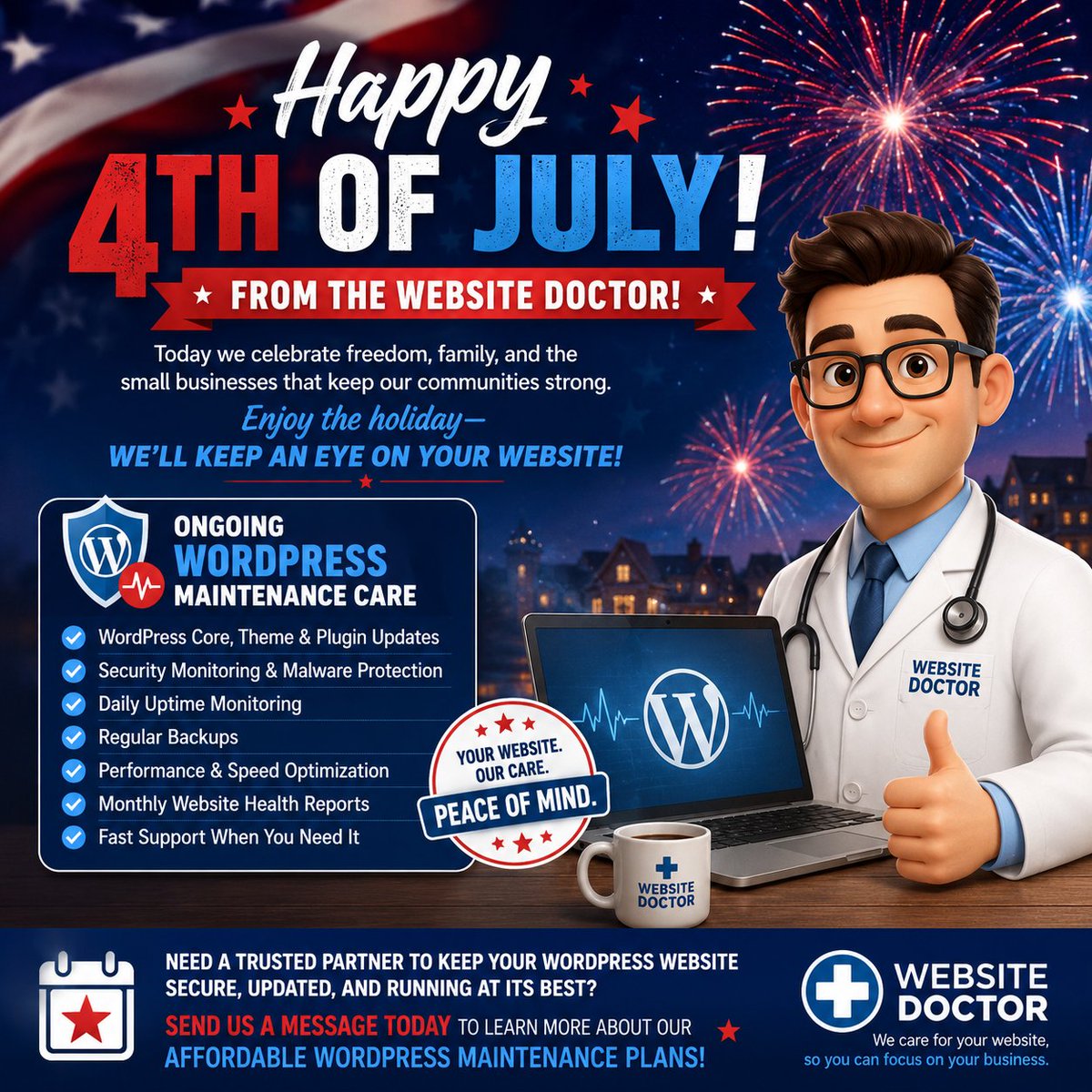 WPSiteDoctor's tweet photo. Happy 4th of July from the Website Doctor!

Enjoy the BBQs, family, and fireworks. 🎆 We'll help make sure your WordPress website stays secure, updated, and running smoothly while you celebrate.

Send us a DM to learn more!
#Happy4thOfJuly #WordPress #WordPressMaintenance https://t.co/kGkEPlUhrw
