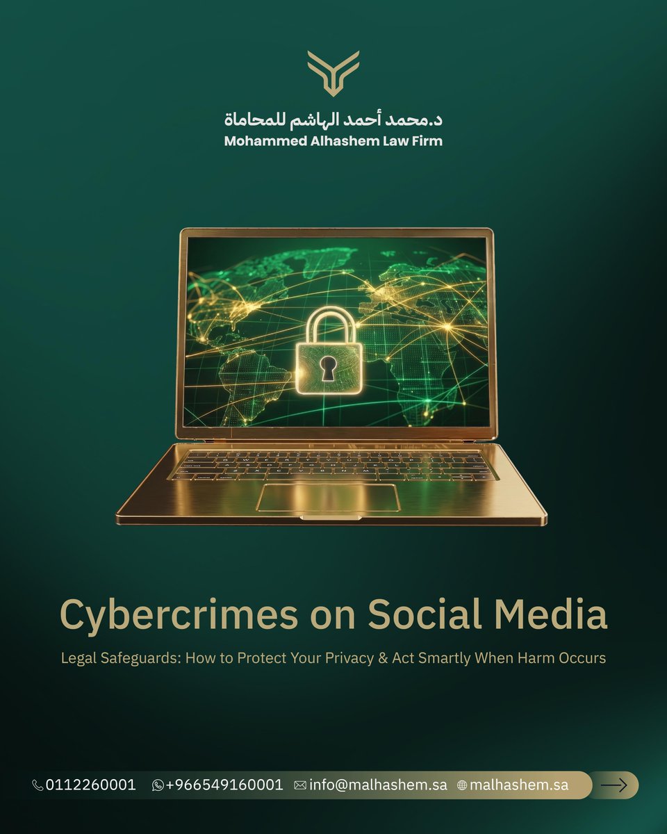 Malhashem_sa's tweet photo. "When does publishing on social media platforms constitute a cybercrime, and what are the associated penalties?
Read the article to learn about cybercrime cases and the appropriate course of action.
#Cybercrime #PersonalData #CyberDefamation" https://t.co/WyAZ0YgN4Z