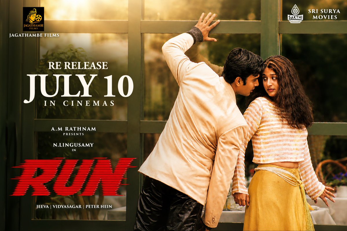 bisonbalaji's tweet photo. பொய் சொல்ல கூடாது காதலி
பொய் சொன்னாலும் நீயே என் காதலி

#Run re-releasing in  theatres July 10th 
@jagathambe_prod
@bisonbalaji

@MegaSuryaProd @dirlingusamy
@ActorMadhavan @Actor_vivek
#meeraJasmin #Jeeva Dop
#VidyaSagar Musical
@peterHeinoffl @SakthifilmFactry https://t.co/ugYiCgAVxv