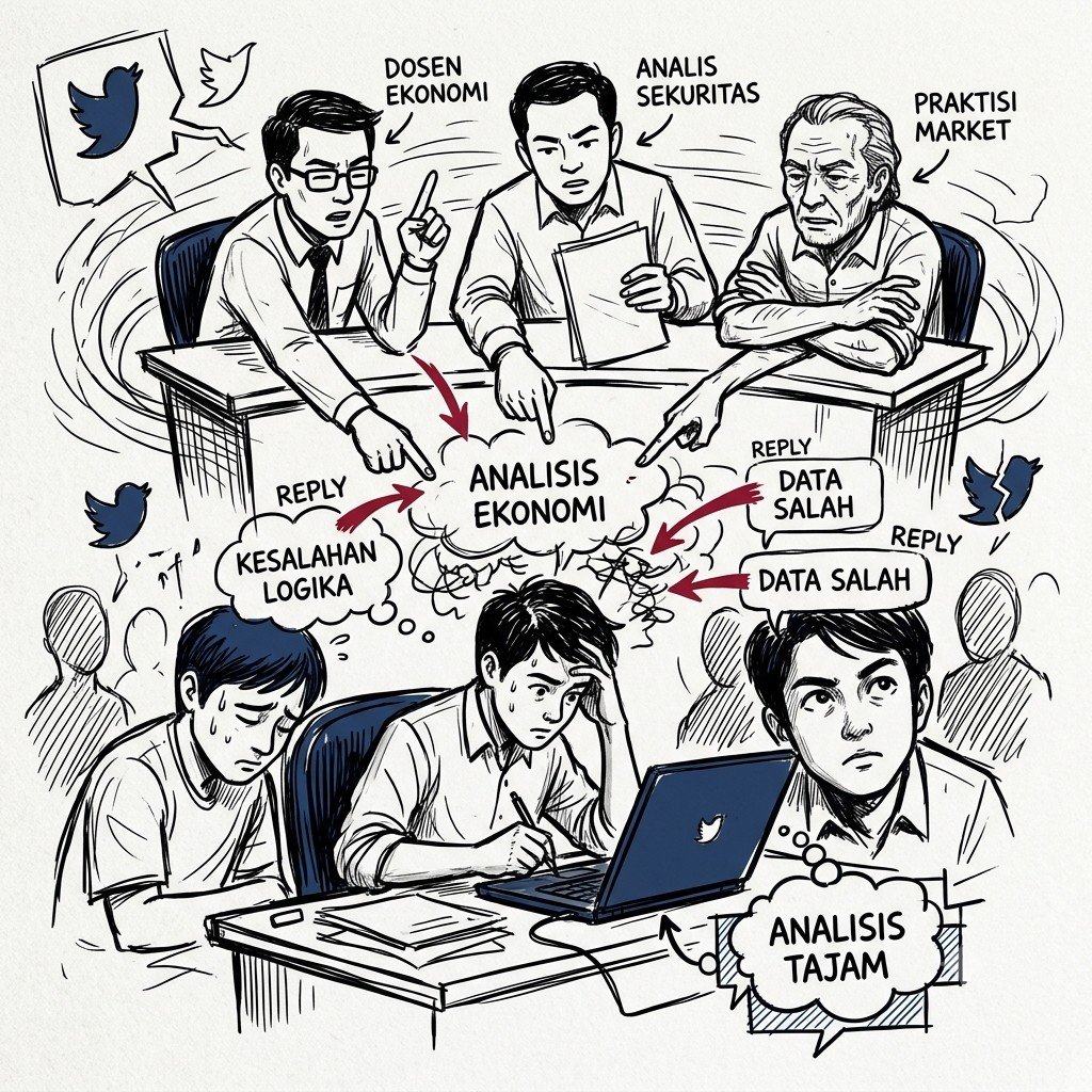 aditoss's tweet photo. Banyak orang anggap Twitter cuma tempat curhat atau pamer opini. Buat gue, ini lebih mirip ruang ujian sidang yg gak pernah selesai.

Setiap kali gue nulis analisis, ada kemungkinan nyata yang baca itu dosen ekonomi, analis di sekuritas, praktisi yang udah puluhan tahun di market, atau orang yang posisinya jauh lebih senior dari gue. Mereka nggak perlu izin untuk koreksi, cukup reply.

Itu yang bikin nulis di sini berbeda dari nulis di catatan pribadi. Argumen yang cuma masuk akal di kepala sendiri, begitu dipublish, langsung diuji validitasnya sama orang yang punya data atau pengalaman lebih dalam. Logika yang lemah biasanya ketauan dalam hitungan menit. Data yang salah dikoreksi sebelum sempat dipercaya banyak orang.

Awalnya ini berasa nggak nyaman. Argumen dibedah di depan publik itu pengalaman yang gampang bikin defensif. Tapi lama-lama gue sadar ketidaknyamanan itu justru yang bikin analisis makin tajam. Kadang kita terlalu pede sm POV kita sendiri, sampe ada orang lain yg lebih ahli menyadarkan bahwa lo ga sehebat itu.

Bandingkan sama belajar sendirian. Kesalahan logika baru ketauan setelah kena dampaknya, entah di porto atau di keputusan yang lebih besar. Di sini, kesalahan bisa ketauan sebelum sempat jadi keputusan yang merugikan. Jadi kalau ditanya kenapa masih betah main twitter? Ya karena disini tempat gue bisa mengasah nalar, mempertajam argumen, belajar banyak hal dari banyak ahli.
