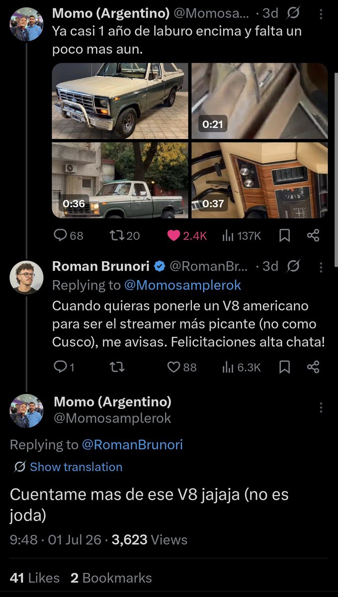 RomanBrunori's tweet photo. Gente, no me gusta ser pedigüeño, y lo saben porque siempre les comparto info sin nada a cambio. 

PERO! 

EL Momo me respondió un comentario sobre mejorar su F100 con un V8 moderno, le mandé un MD y seguramente debe quedar perdido bajo 10000 mensajes que debe tener por minuto. 

Podemos utilizar la magia de X para que vea esto y me responda el MD y pueda construirle la mejor F100 de Argentina? 

Que hay que hacer? Etiquetarlo? Ayuda.