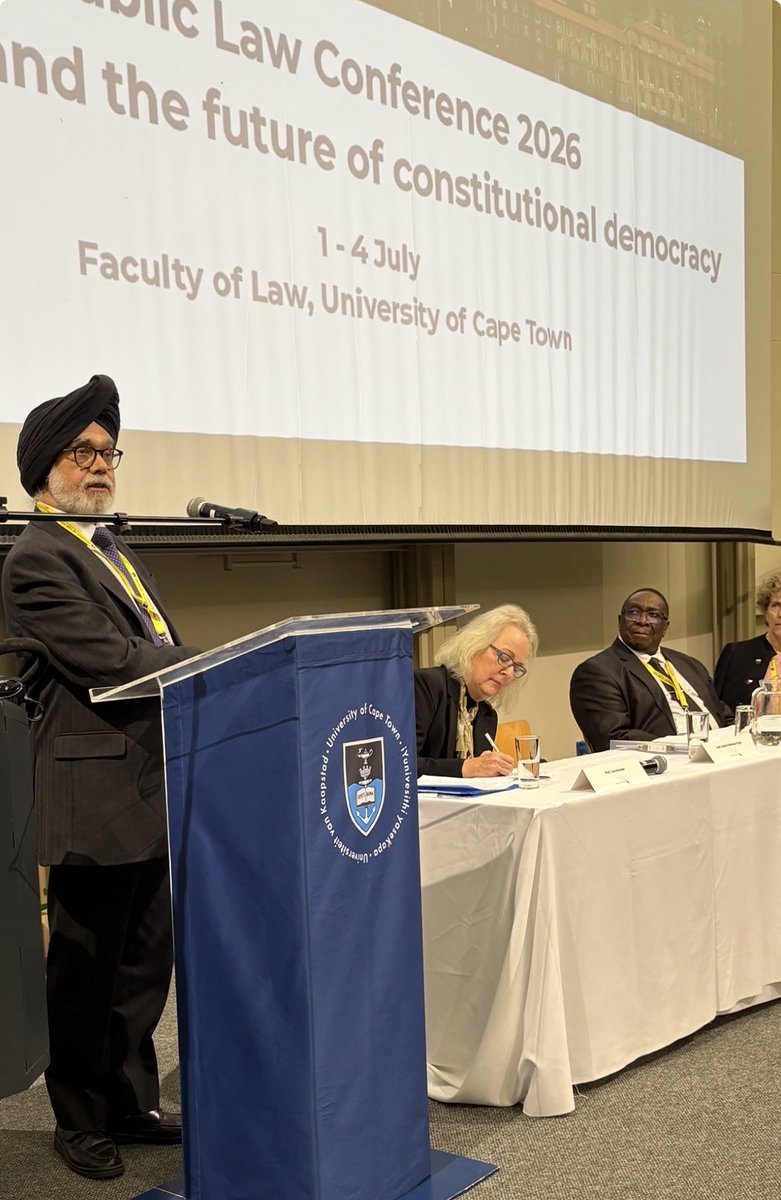 UctLaw's tweet photo. Prof Cora Hoexter (Wits) facilitates the conference closing plenary on “Public Law and the Future of Constitutional Democracy” with Professor Genevieve Cartier (U of Sherbrooke), Lord Justice Rabinder Singh (English Court of Appeal) and Deputy Chief Justice Dunstan Mlambo (Constitutional Court of South Africa). 

#PublicLawConference2026
#ConstitutionalDemocracy