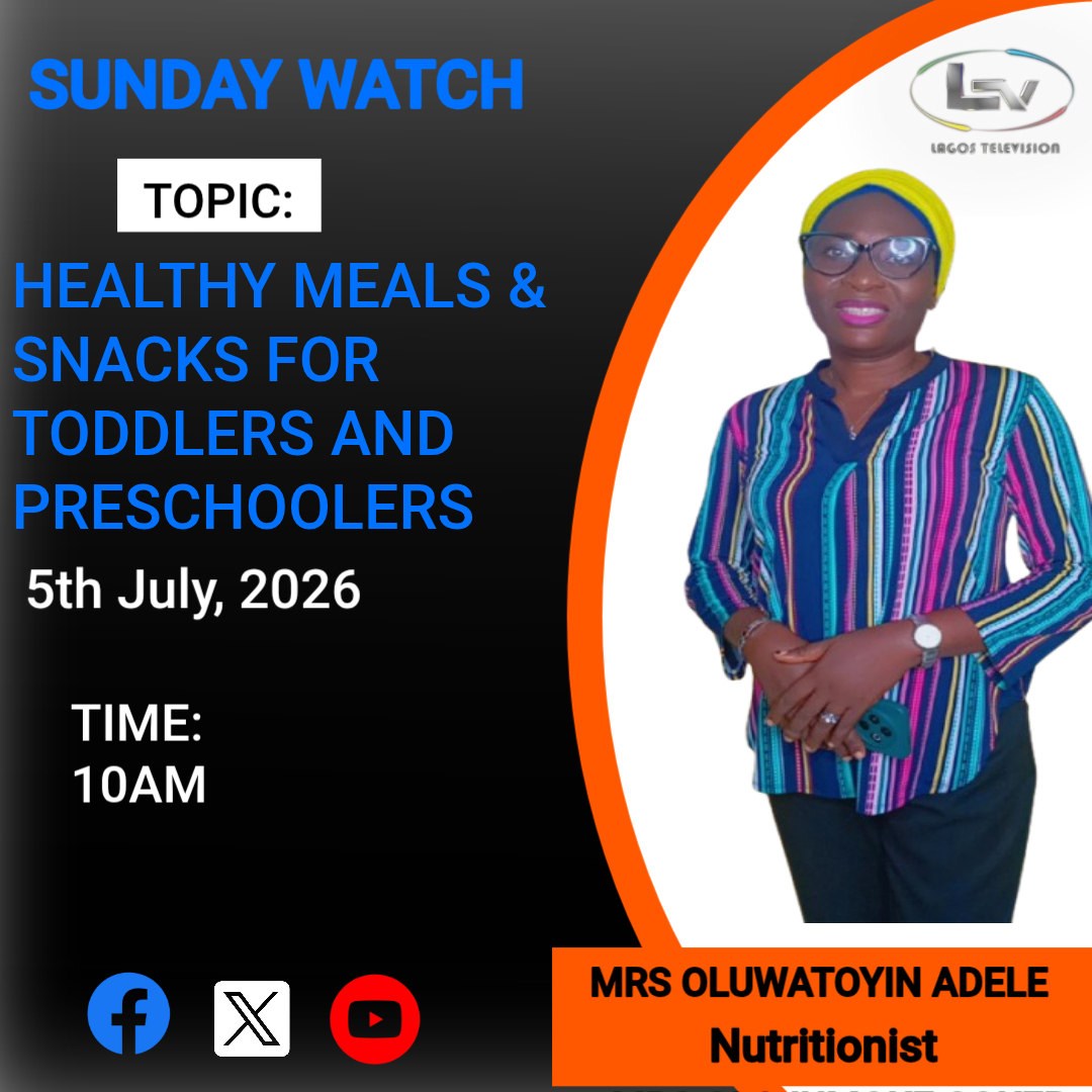 lagostelevision's tweet photo. Healthy eating habits start early!
Don't miss this enlightening discussion on "Healthy Meals & Snacks for Toddlers and Preschoolers" with Mrs. Oluwatoyin Adele, Nutritionist.

Tune in for practical nutrition tips that will help parents and caregivers raise healthy, active children.
#SundayWatch #HealthyEating #PreschoolNutrition