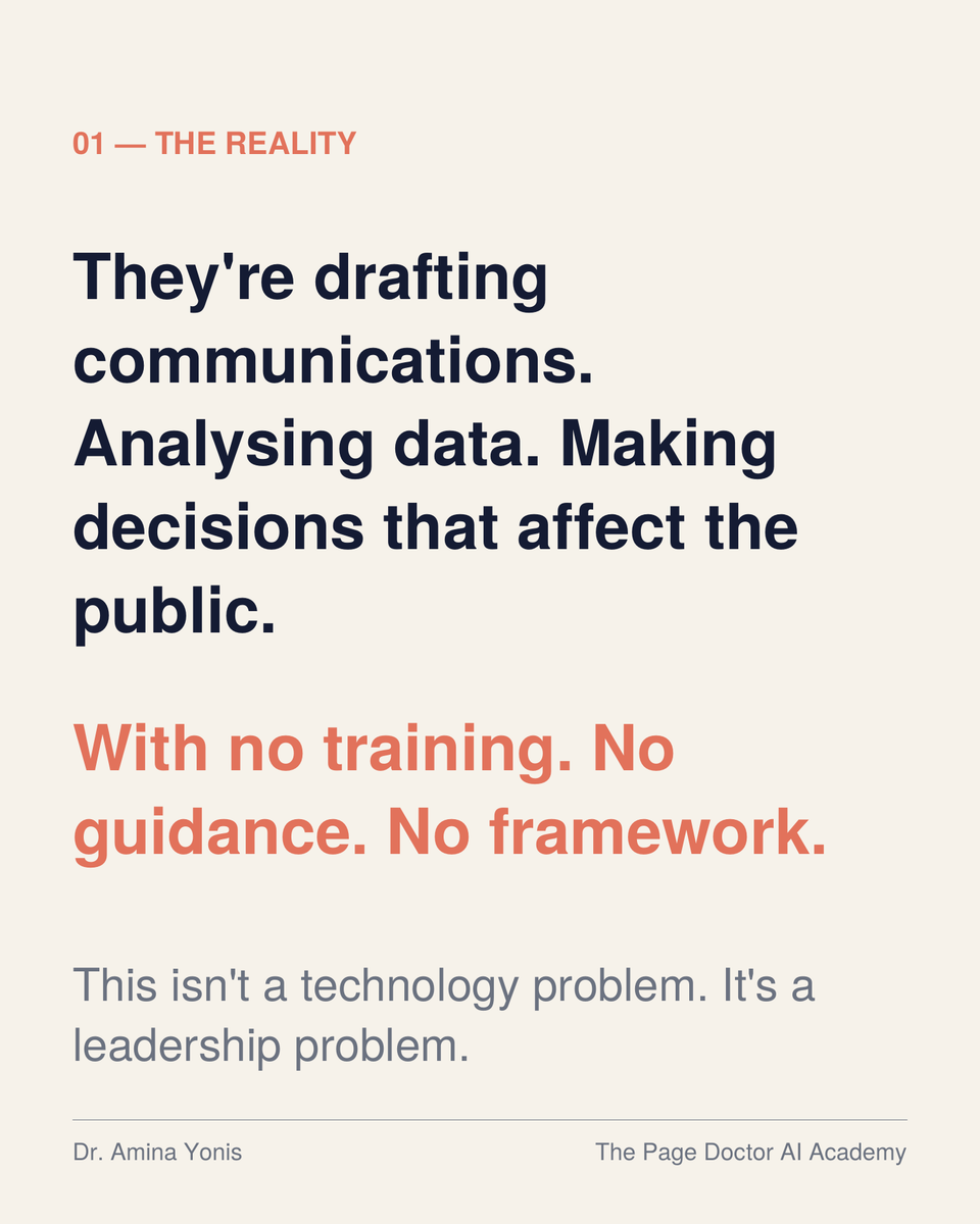 DrAminaYonis's tweet photo. 63% of government employees in Dubai who use AI at work have received zero formal training.  

Let that sink in.  

They are using AI every day, drafting communications, analysing data, making decisions that affect the public.  With no training. No guidance. No framework.  

This isn't a technology problem. It's a leadership problem.  And a new report from the Mohammed Bin Rashid School of Government just confirmed it.  

🧵 Here's what the data actually says and what it means for organisations across the UAE.
