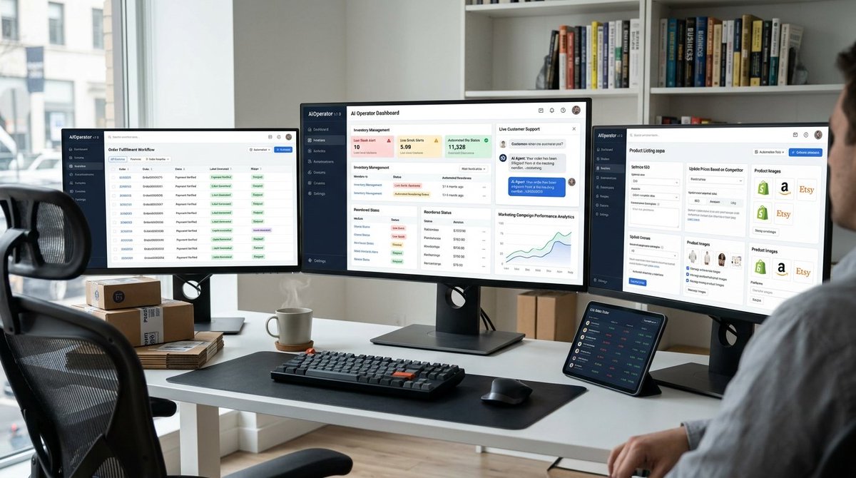 ConnectXeo8138's tweet photo. 3 screens. 1 AI Operator. 

Order fulfillment ✓ 
Inventory + restock alerts ✓ 
Live customer support ✓ 
Product listings across Shopify, Amazon, Etsy ✓ 

This is what autonomous ecom looks like. #AI #Ecommerce #AIOperator https://t.co/Zct3JbDCXK