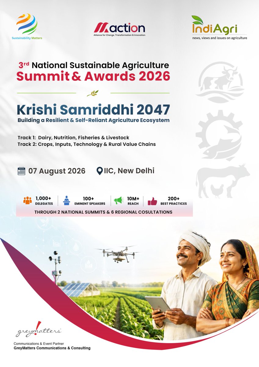 navneetanand's tweet photo. Having spent over a decade working with partners in agri business, farmers &amp; allied ecosystem, we started Sustainable Agriculture Summit &amp; Awards in 2024. With blessings &amp; wishes, we get set for its 3rd edition. 

All welcome. #AgriSummit2026 @Sustainablty @Indiagri @NGOActionn https://t.co/tAgYv9ERqV