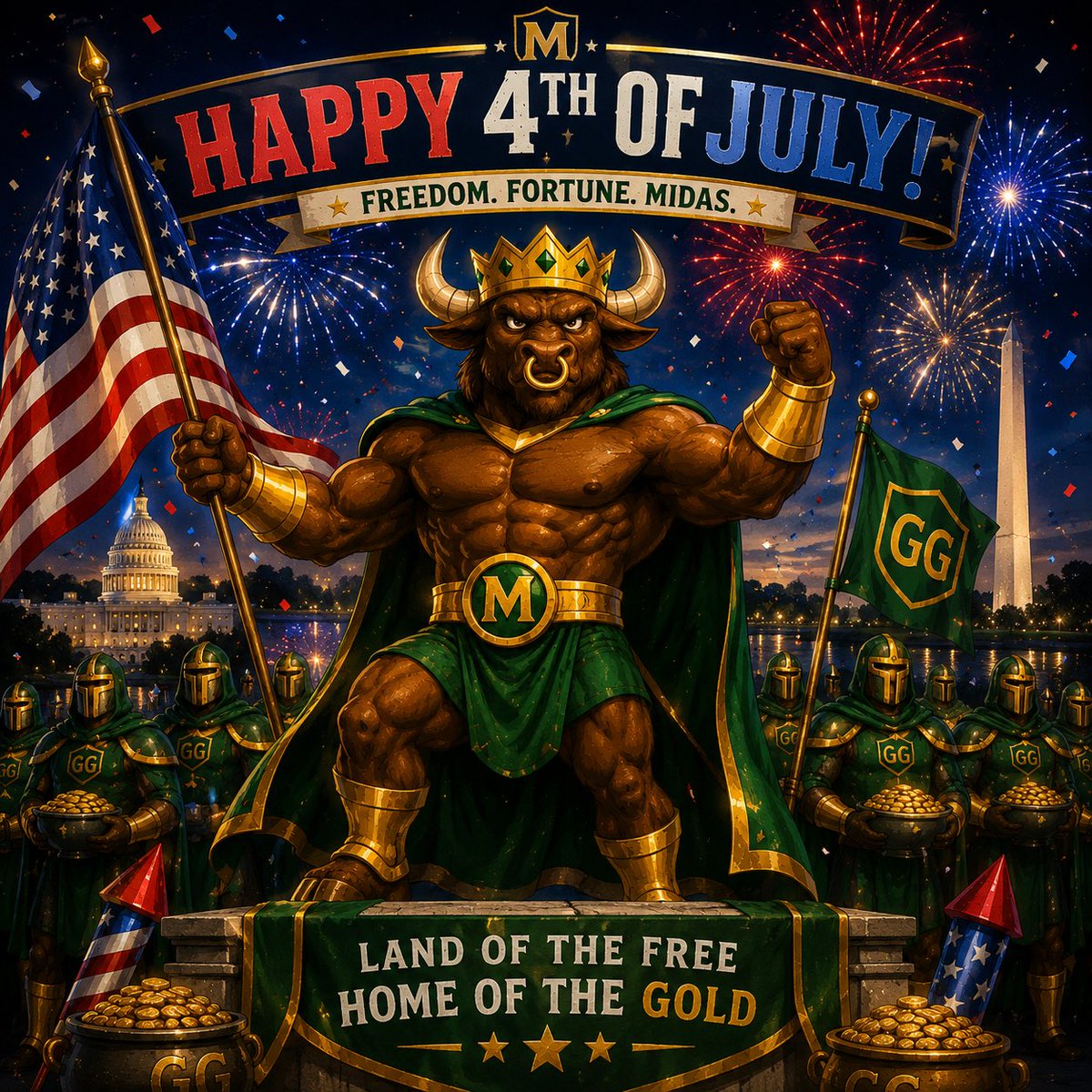 Midas_Minotaur's tweet photo. Good morning #GoldenGang

Happy 4th of July! 🇺🇸🎆

Wishing you all a day full of freedom, fireworks, good food, and even better company. 

Let’s celebrate the red, white, and blue and the spirit that keeps us shining bright.

How are you spending your Independence Day? 

base:0xb8d59c7b33054beda610b2b2d38ea38694cdfabd #KingofBulls #THEBaseBull