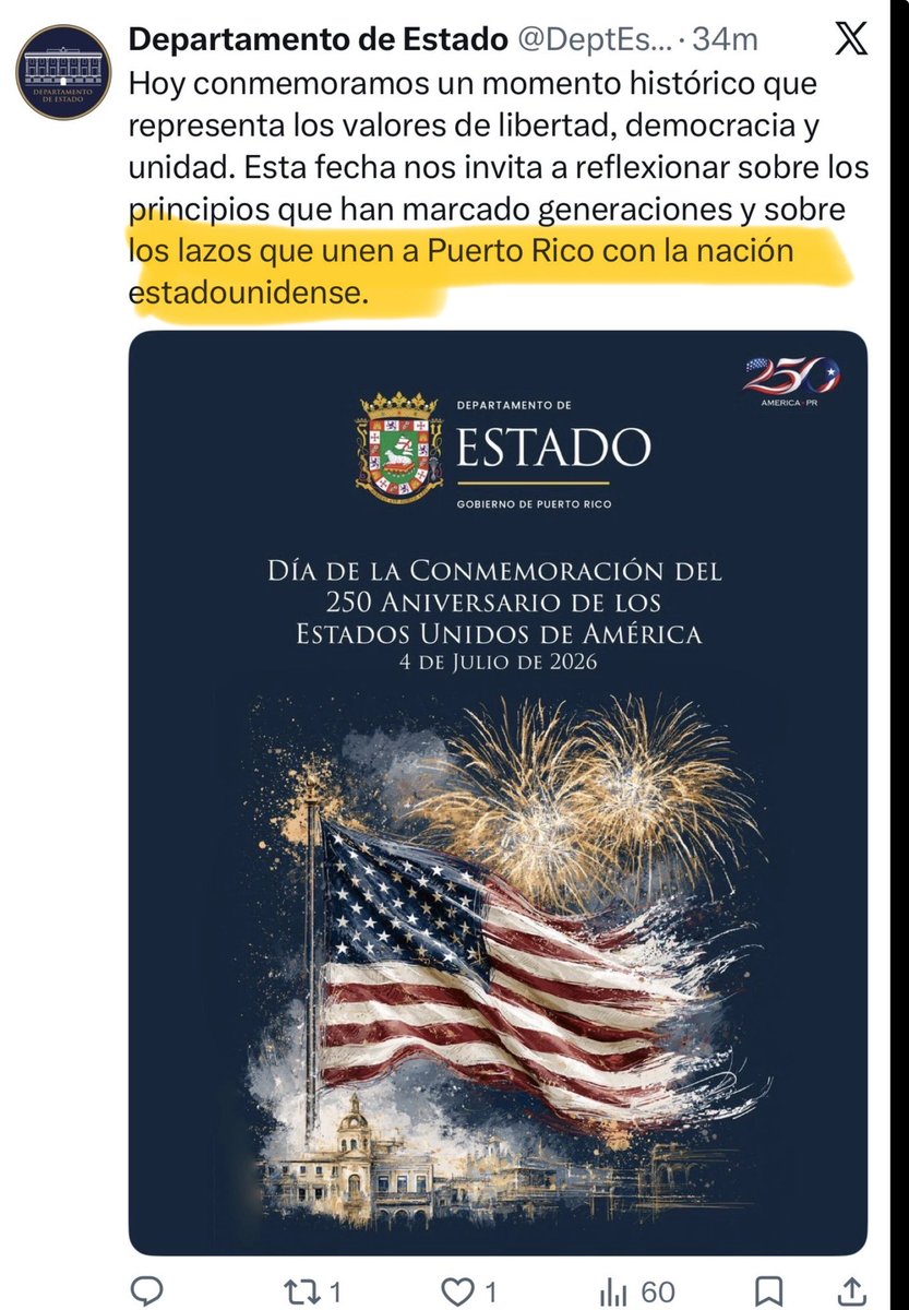 DAVILACOLON's tweet photo. Me encanta el nacionalismo del closet de los gobiernos que dicen ser “estadistas”. Otro post de Estado que sugiere que Puerto Rico es una nación y Estados Unidos otra. Nunca dicen, “de nuestra nación”. No nos unen lazos. E Pluribus Unum. Somos americanos y punto. Pero los estadistas se abochornan en el closet de decir con orgullo “Somos americanos y hoy cumplimos años”