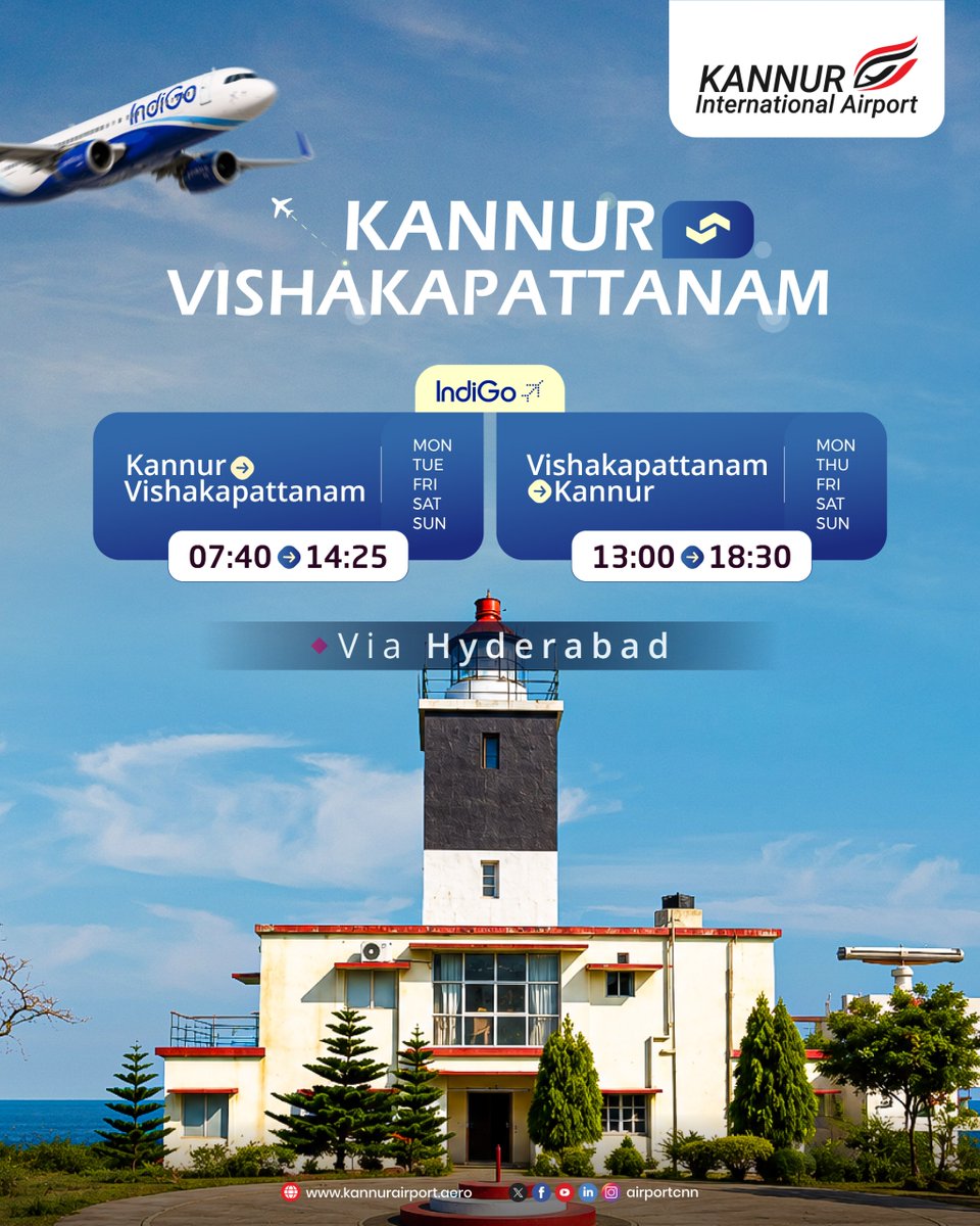 airportCNN's tweet photo. Your next destination is just one flight away!
Fly between Kannur and Visakhapatnam with convenient connections via Hyderabad.
Comfortable connectivity
Hassle-free travel
Multiple departures every week
#Kannurinternationalairport #Visakhapatnam #FlyIndiGo #TravelIndia https://t.co/Vvj8OsQeJI