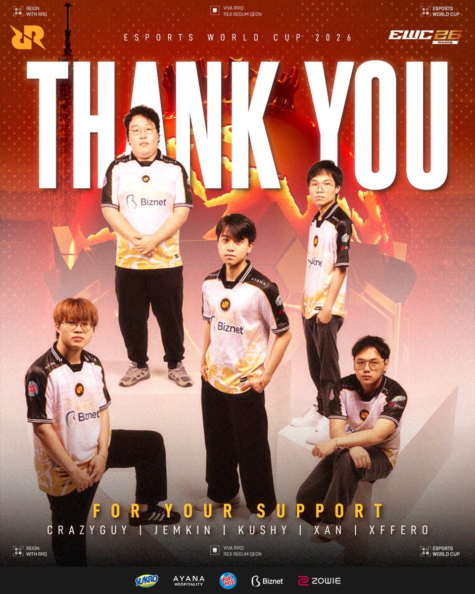 teamrrqofficial's tweet photo. Thank you, EWC 2026. 👑
Our journey ends here, but we'll leave with valuable lessons and unforgettable memories. 

Thank you to everyone who supported us every step of the way.
We'll take what we've learned, come back stronger, and give it our all in VCT Pacific Stage 2. GG @EDG_Edward !

#RRQVALORANT #VIVARRQ #EWC2026 #RISEABOVE