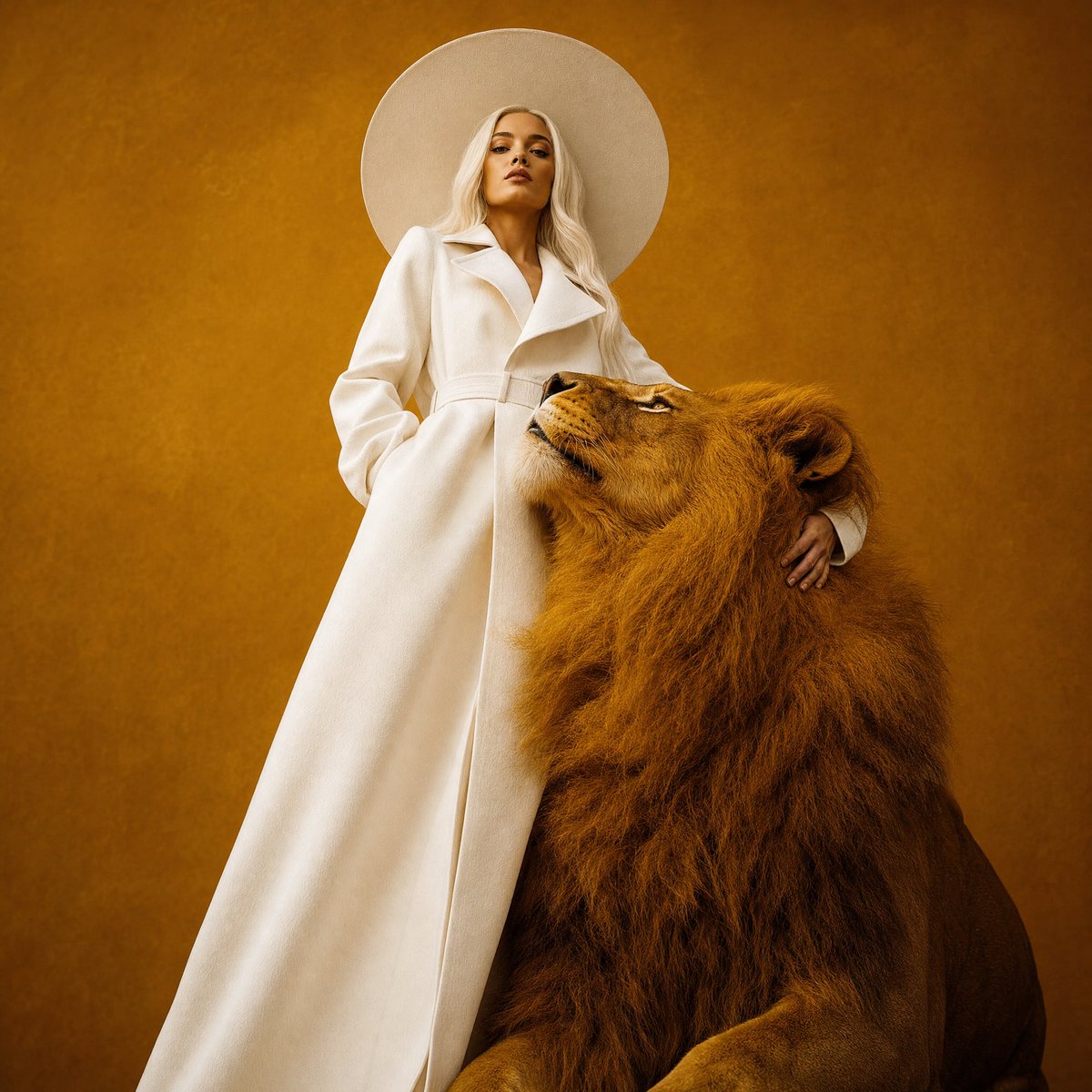 meng_dagg695's tweet photo. Power wears white. Fear wears red.
Made with GPT image 2 on @ImagineArt_X 

Prompt: Surreal fashion editorial portrait, woman in full white wide-brim hat and long structured white coat, platinum hair, facing camera with direct commanding gaze, massive tiger beside her with fur entirely saturated deep crimson red matching the background, tiger stripes visible in darker red tones, tiger's face turned toward camera mirroring her gaze, her gloved hand resting gently on tiger's head, deep blood-red solid background, white figure as sole contrast element, slight low angle, rich saturated red color grade, vertical 4:5 composition --ar 4:5 --v 6