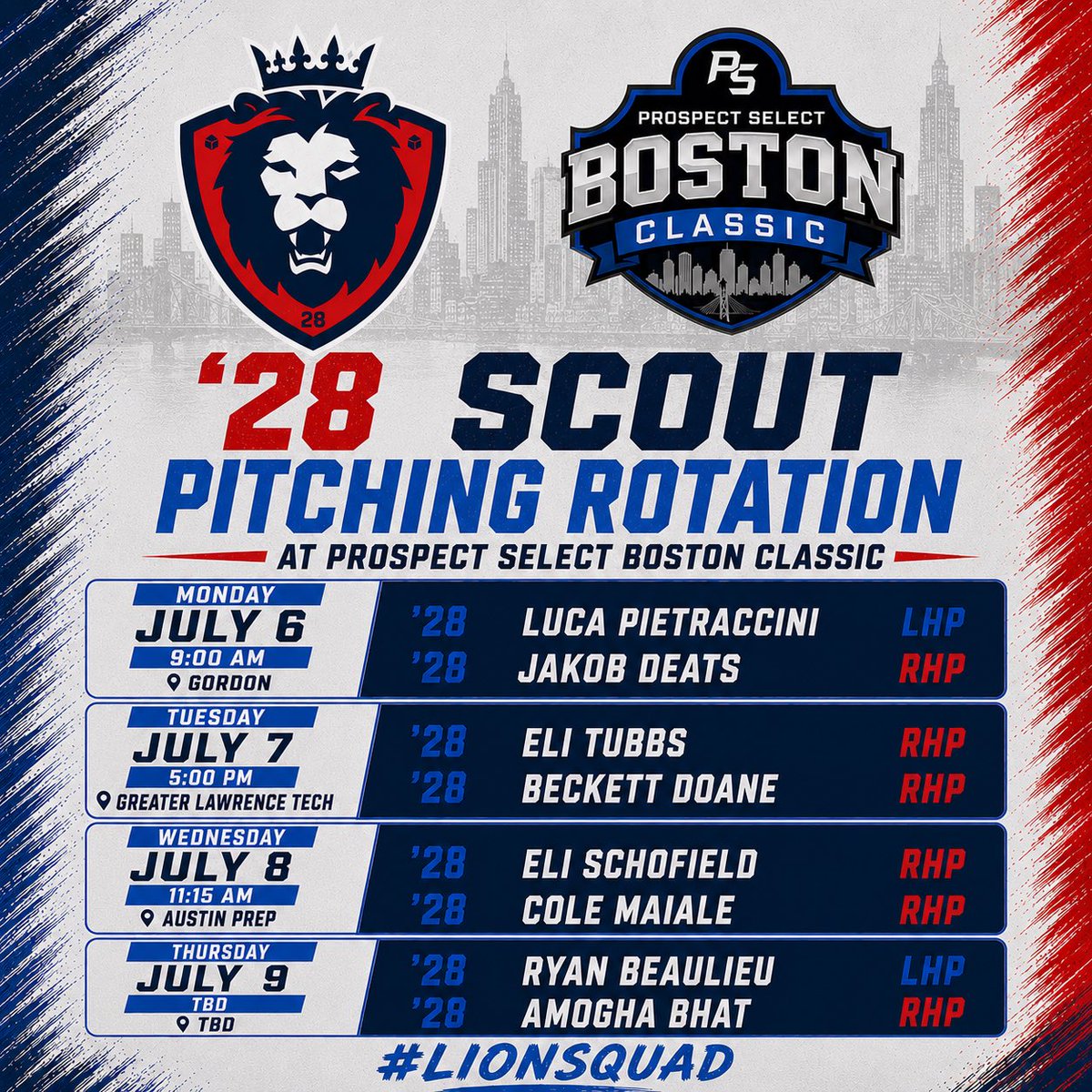 NEPridebaseball's tweet photo. 🚨Prospect Select Boston Classic Schedules &amp; Rotations🚨

‘28s on deck

Tons of talented players across all rosters Shipping up to Boston!

#lionsquad #evoarmy #unmatched https://t.co/xUfgd82uu0