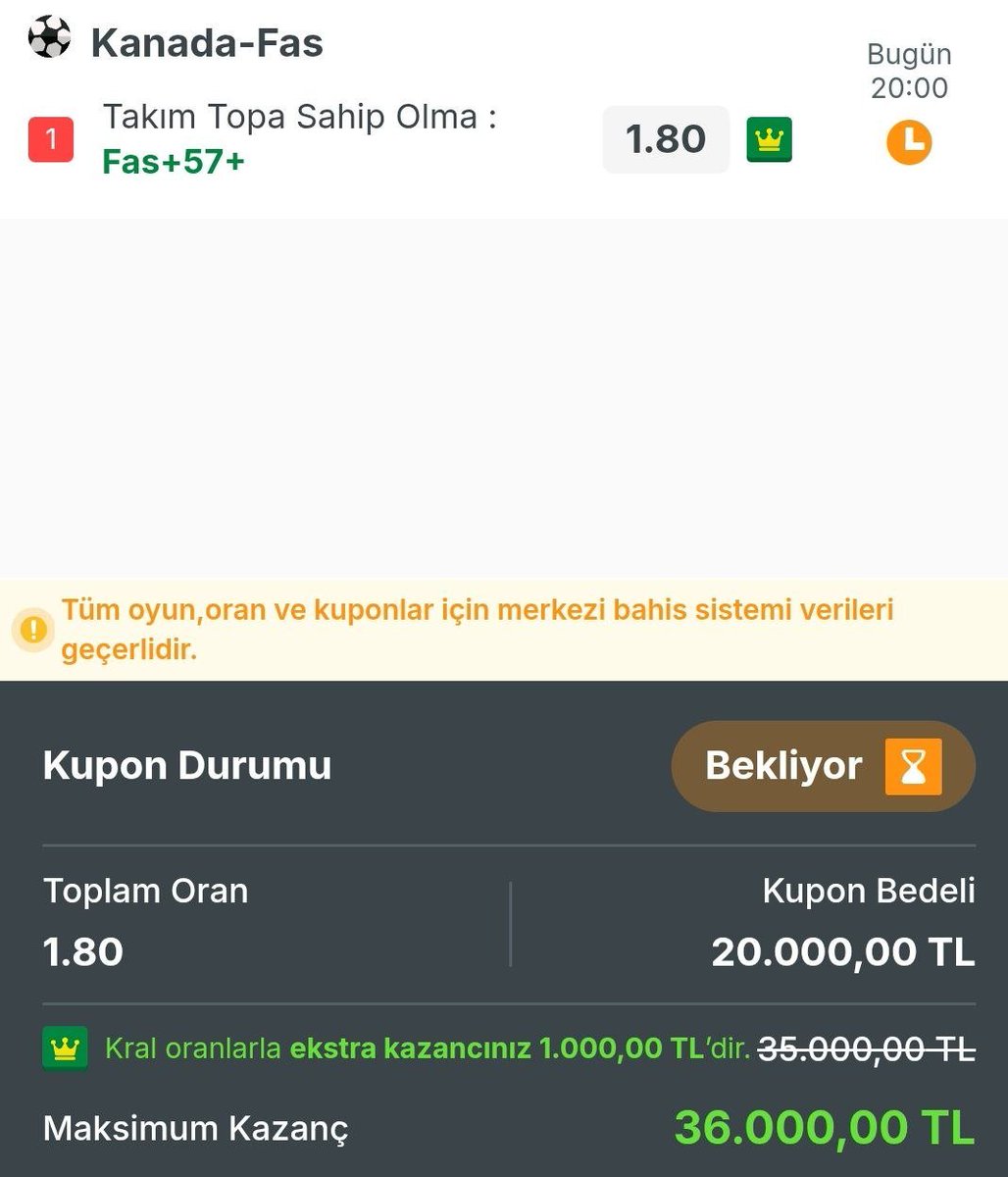 Kuponiso's tweet photo. 🎯 Cumartesi kuponum.

Fas, turnuva boyunca topa sahip olma konusunda istikrarlı bir görüntü sergiledi. Kanada'nın rakibe topu bıraktığı bölümler de bu tercihi destekleyen önemli etkenlerden biri.

⏳ Özel bahis marketleri kısa sürede kapanabiliyor ve oranlar anlık değişebiliyor. Kuponları ilk paylaşılır paylaşılmaz görmek ve hiçbir fırsatı kaçırmamak için Telegram kanalımıza katılabilirsiniz.

📲 https://t.co/yNel4IPlUU

 Bol şans! 🍀